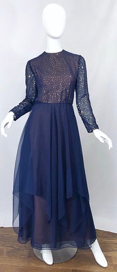 Gorgeous 1960s Kiki Hart Navy Blue Gold Sequin Vintage 60s Gown Evening Dress