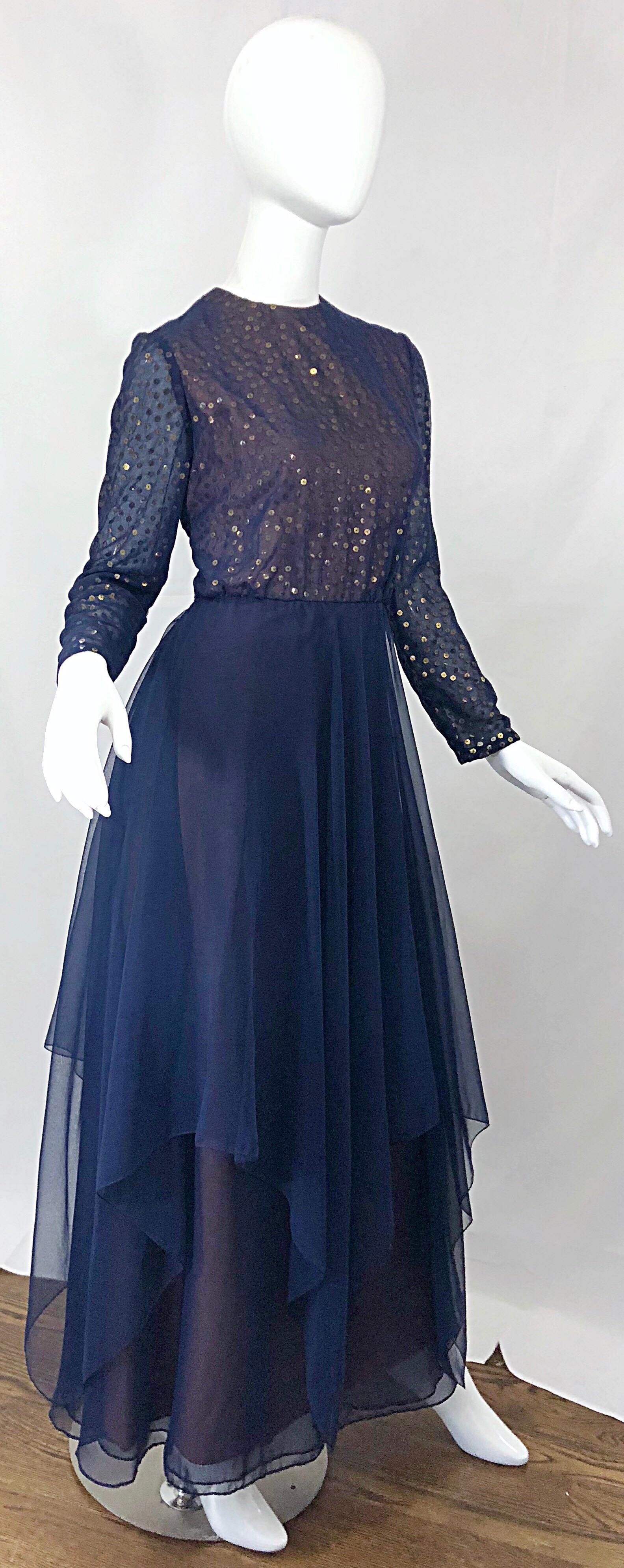 Gorgeous 1960s Kiki Hart Navy Blue Gold Sequin Vintage 60s Gown Evening Dress For Sale 1