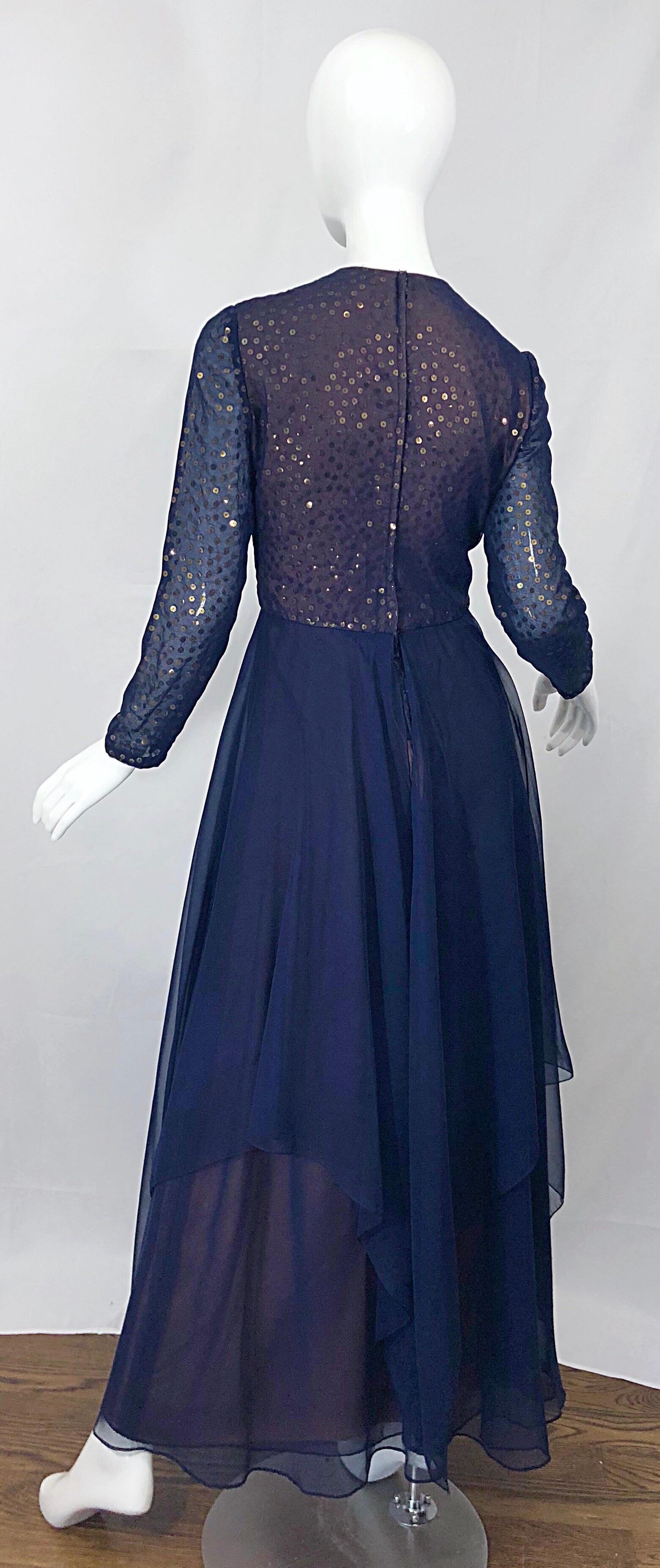 Gorgeous 1960s Kiki Hart Navy Blue Gold Sequin Vintage 60s Gown Evening Dress For Sale 2