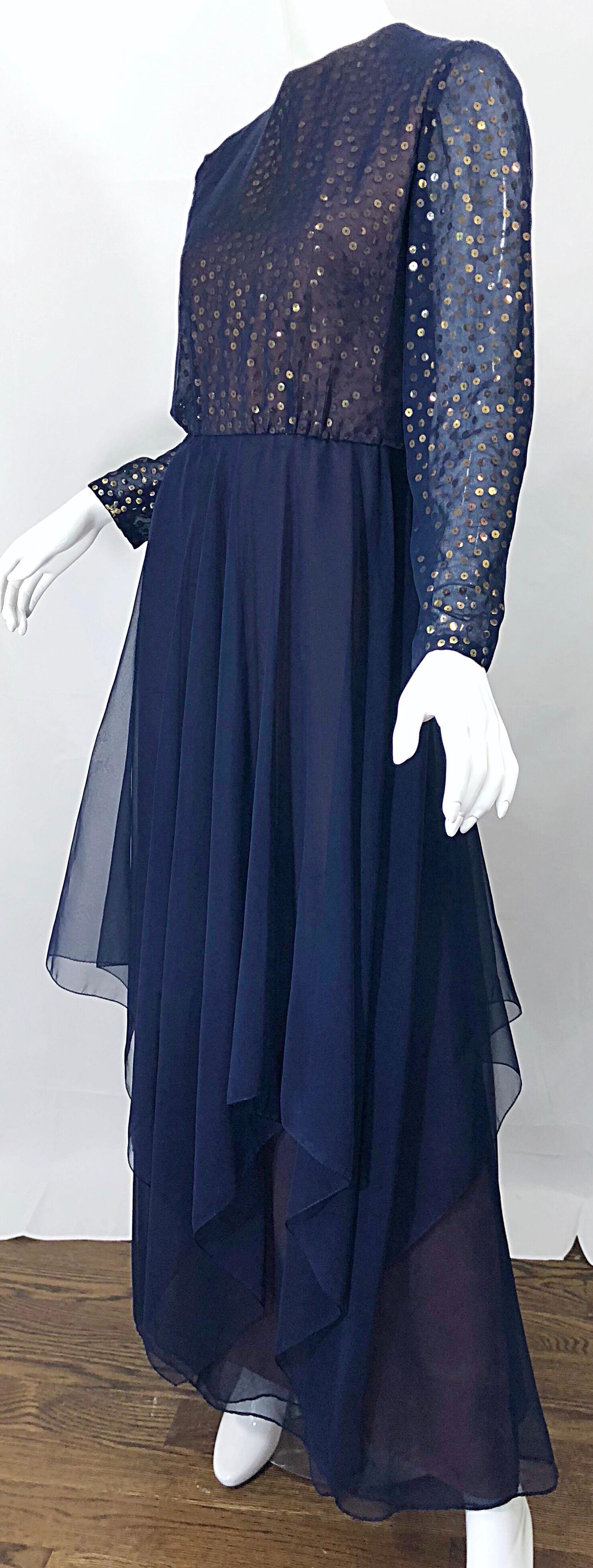 Gorgeous 1960s Kiki Hart Navy Blue Gold Sequin Vintage 60s Gown Evening Dress For Sale 3