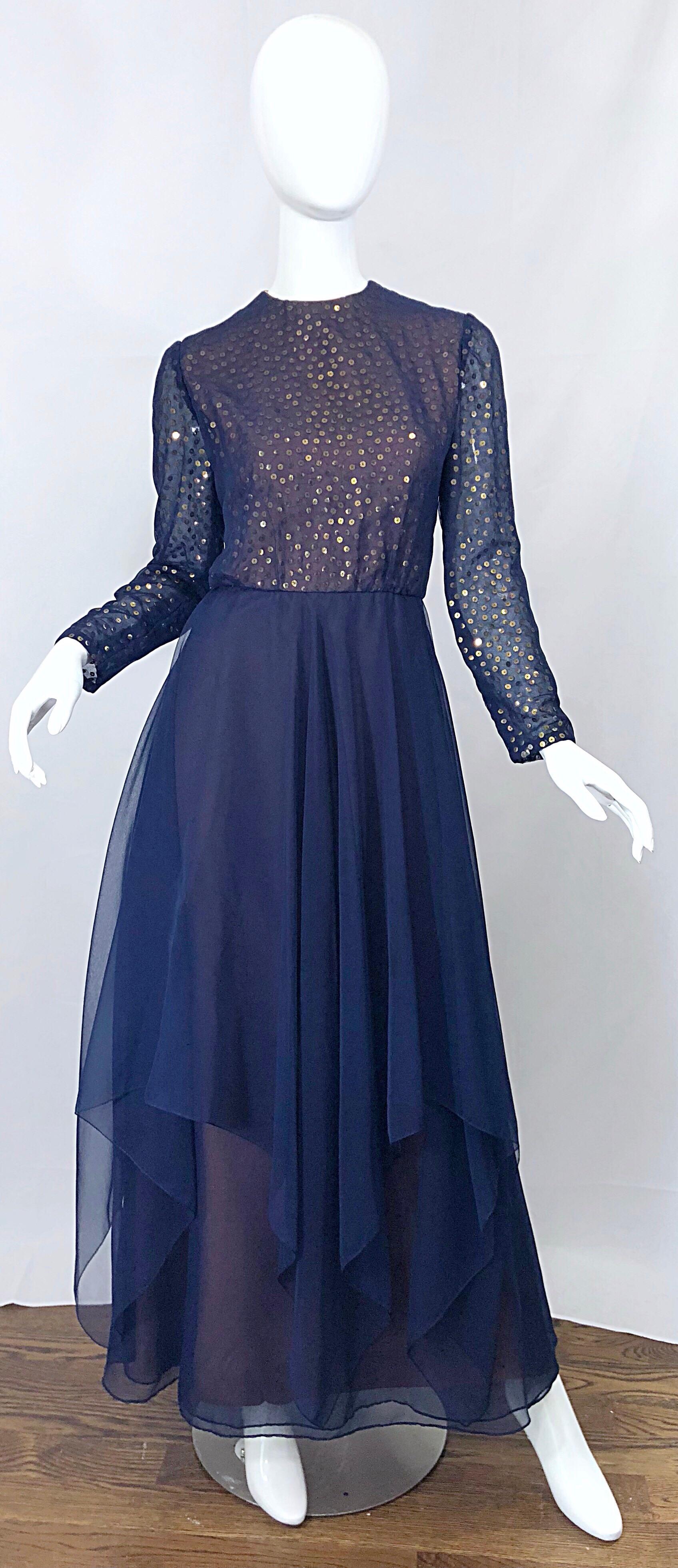 Gorgeous 1960s Kiki Hart Navy Blue Gold Sequin Vintage 60s Gown Evening Dress For Sale 5