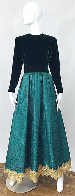 Stunning Vintage Oscar de la Renta Hunter Forest Green Velvet Silk Damask Gown 8