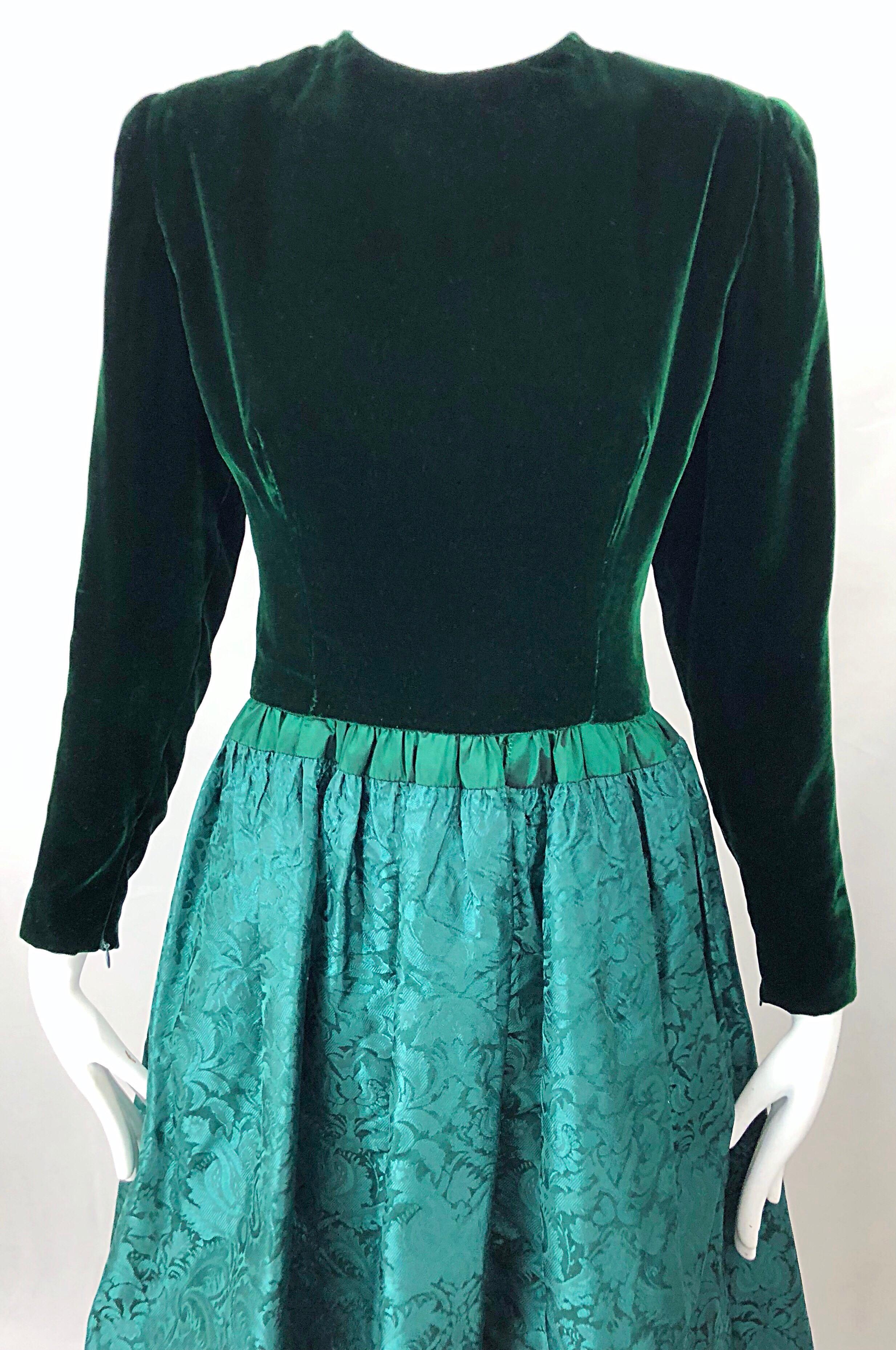 Verde Stupendo abito vintage Oscar De La Renta Hunter Forest Green Velvet Silk Damask 8 in vendita