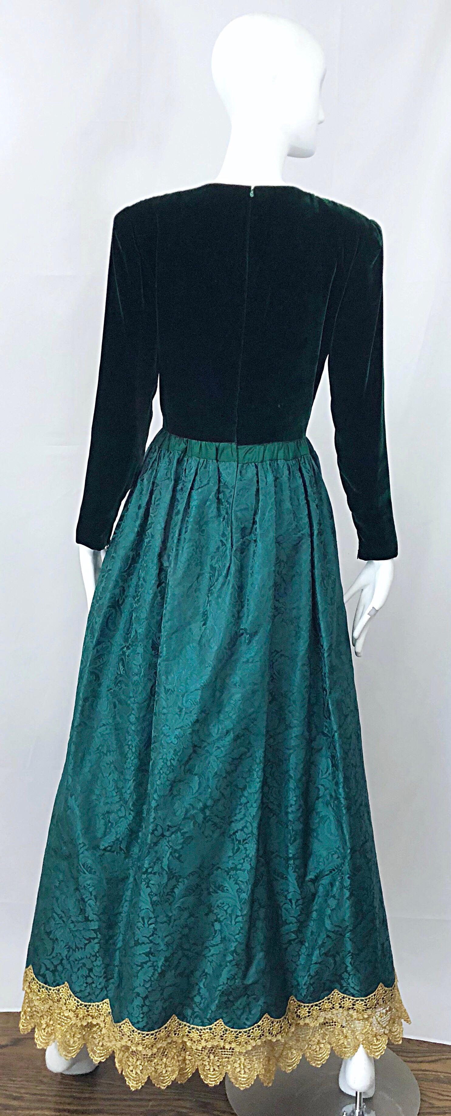 Women's Stunning Vintage Oscar de la Renta Hunter Forest Green Velvet Silk Damask Gown 8 For Sale