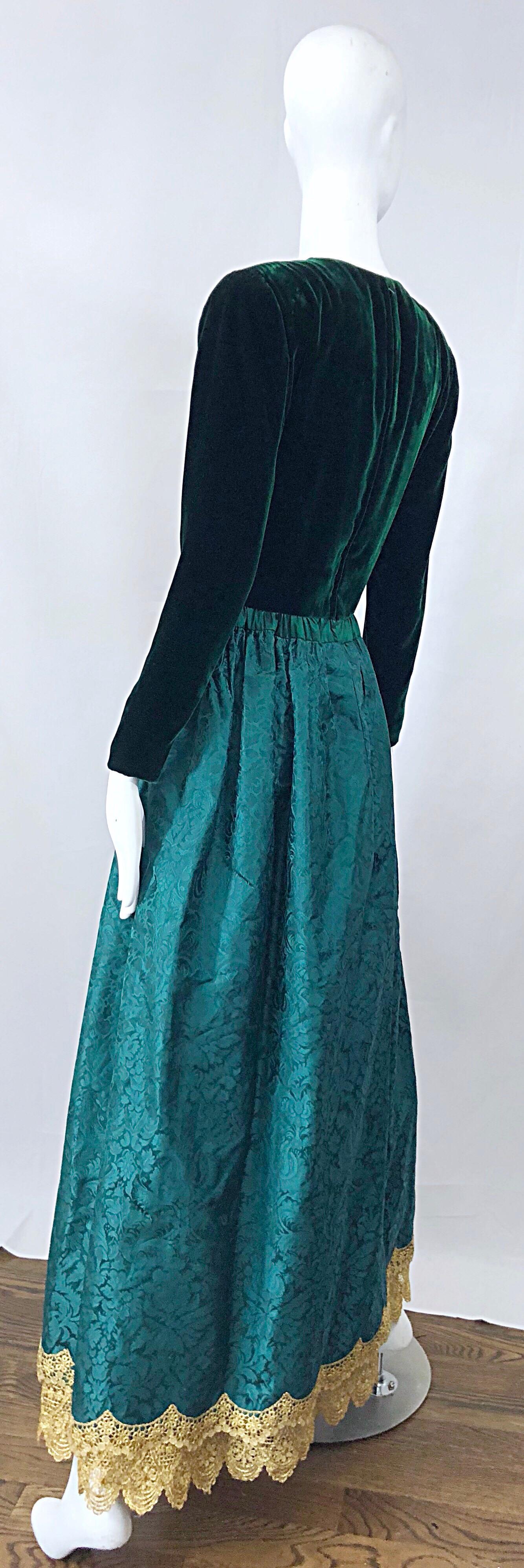Stunning Vintage Oscar de la Renta Hunter Forest Green Velvet Silk Damask Gown 8 For Sale 6
