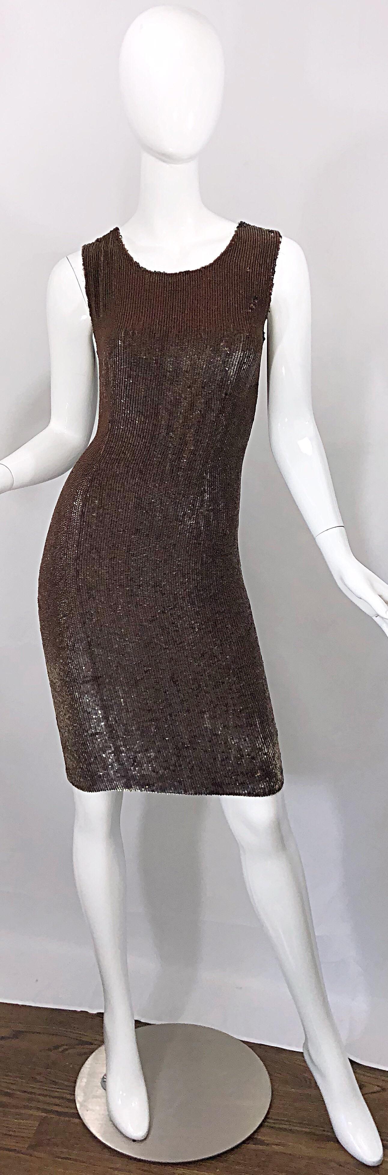Stunning brand new with tags vintage BILL BLASS, by MICHAEL VOLBRACHT brown / bronze fully sequined sheath dress! Features thousands of tiny hand-sewn sequins throughout the entire dress. Sequins are brown, but give off a golden bronze sheen in