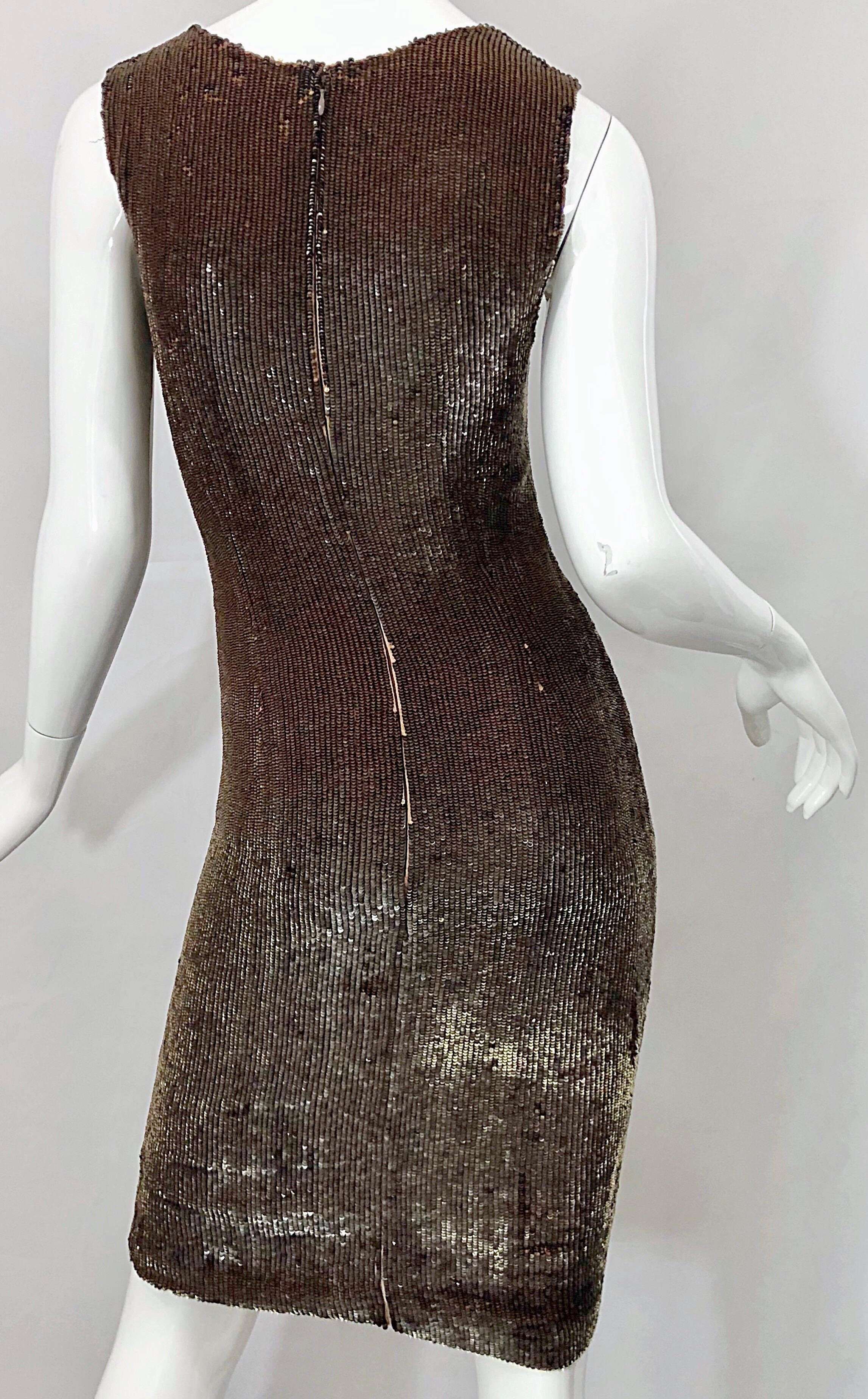 Black Bill Blass Early 2000s Silk Chiffon Brown Bronze Fully Sequined Sheath Dress For Sale