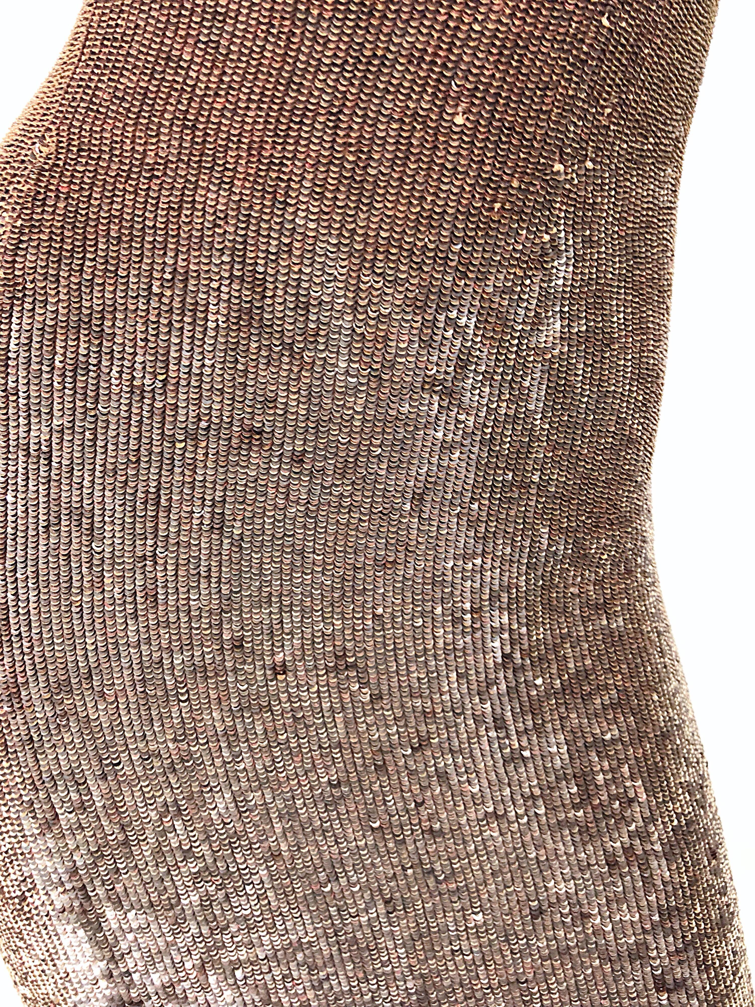 Bill Blass Early 2000s Silk Chiffon Brown Bronze Fully Sequined Sheath Dress In New Condition For Sale In San Diego, CA