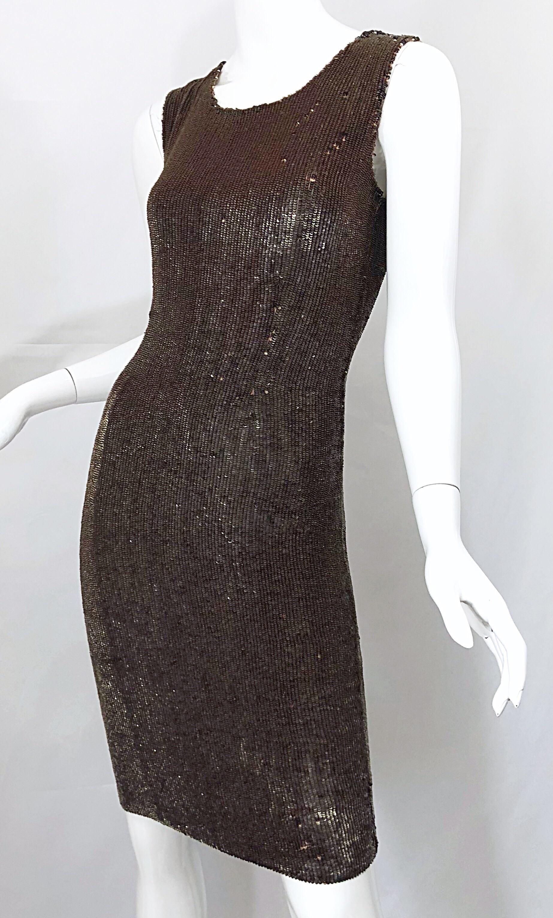 Women's Bill Blass Early 2000s Silk Chiffon Brown Bronze Fully Sequined Sheath Dress For Sale
