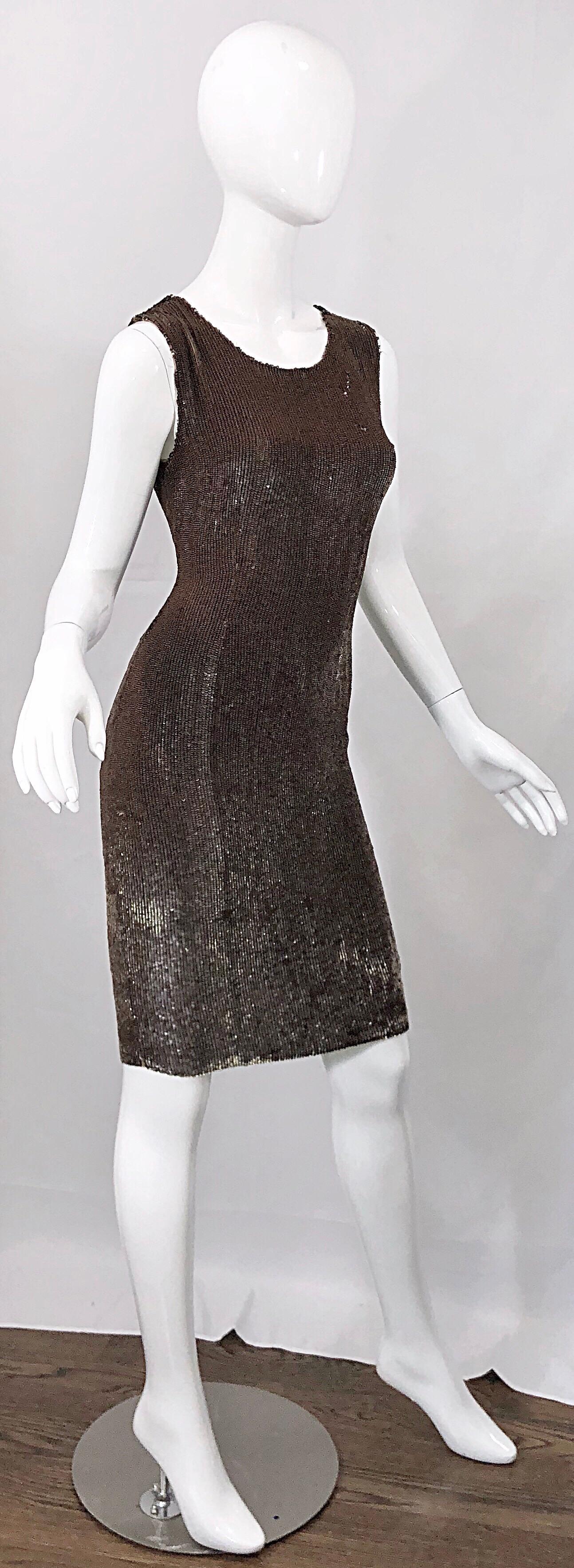 Bill Blass Early 2000s Silk Chiffon Brown Bronze Fully Sequined Sheath Dress For Sale 1