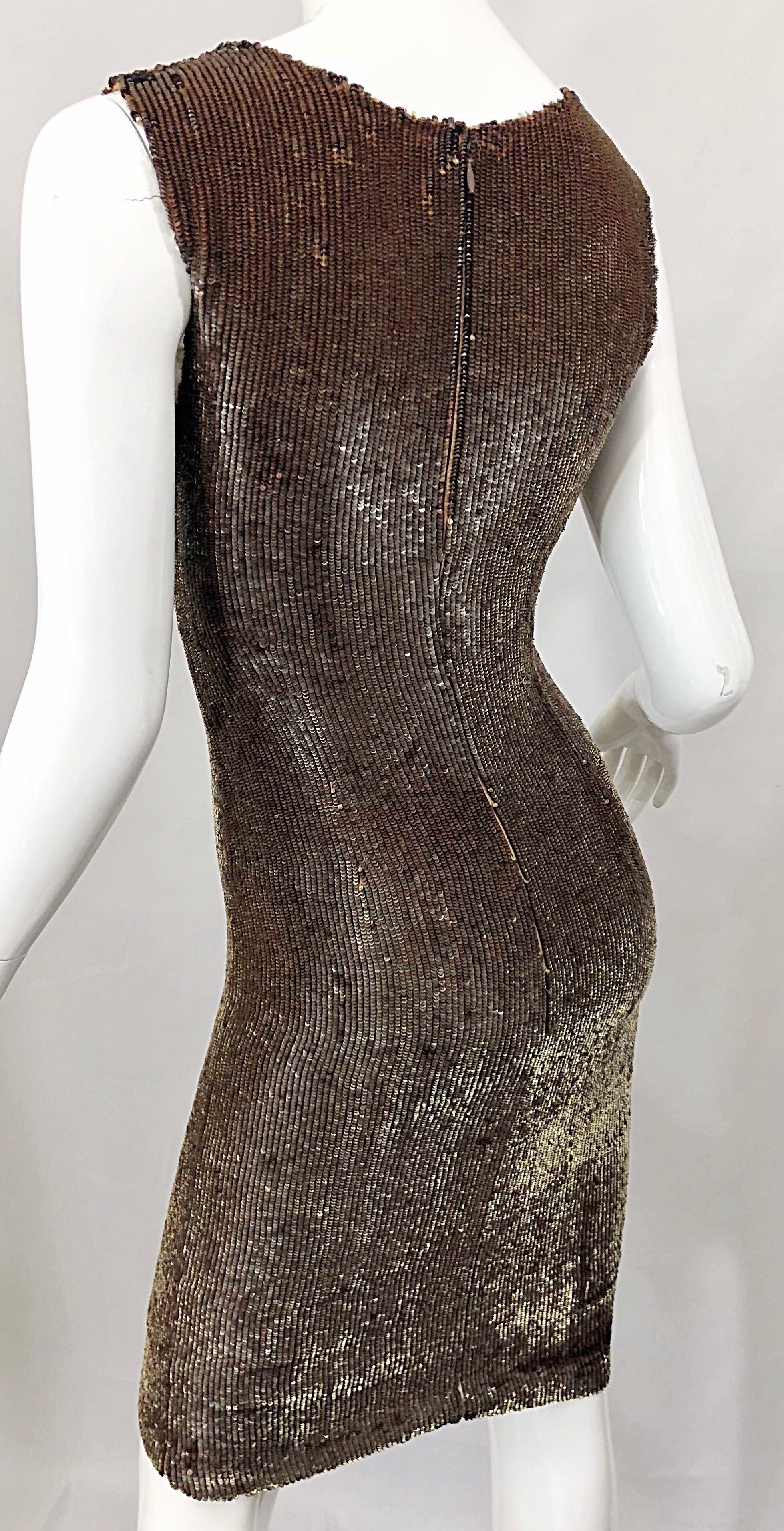 Bill Blass Early 2000s Silk Chiffon Brown Bronze Fully Sequined Sheath Dress For Sale 2