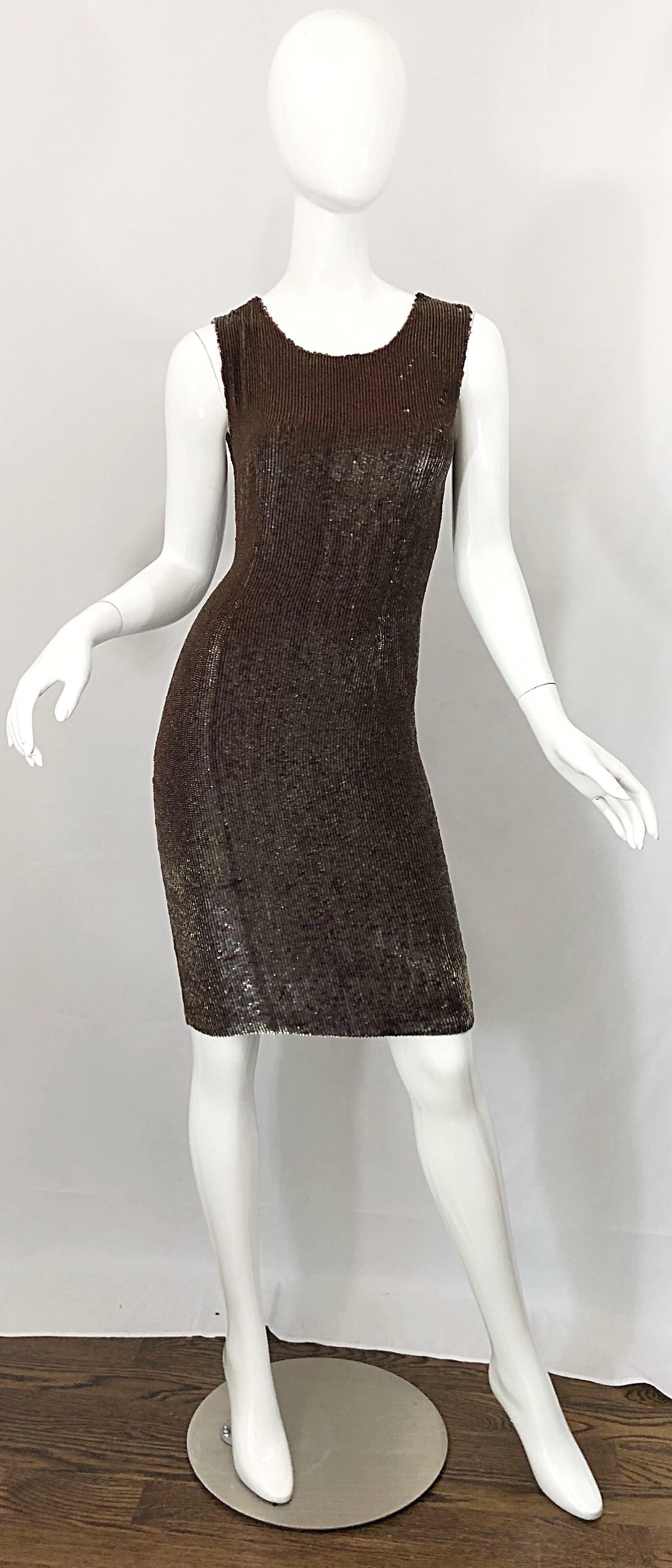 Bill Blass Early 2000s Silk Chiffon Brown Bronze Fully Sequined Sheath Dress For Sale 3