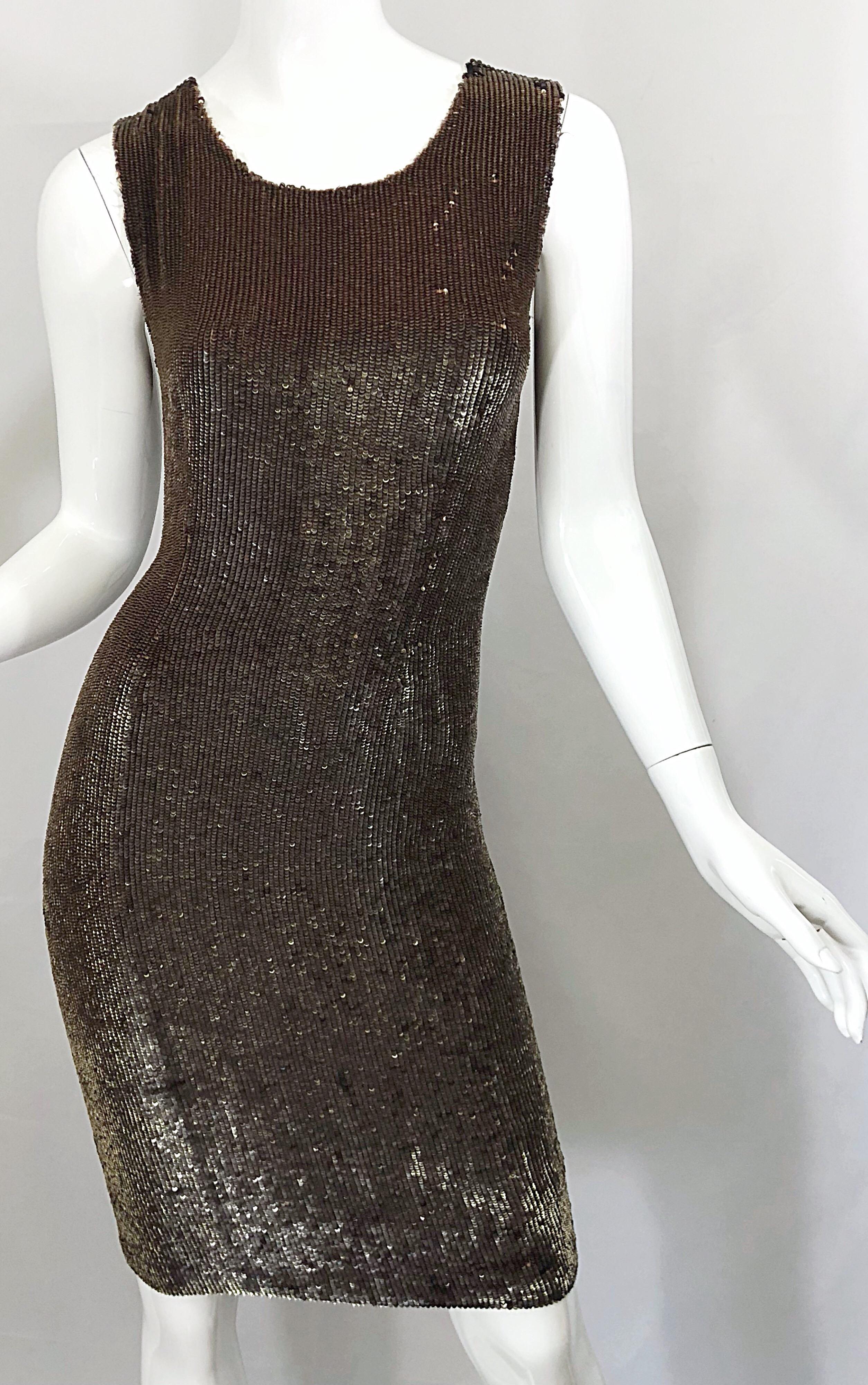 Bill Blass Early 2000s Silk Chiffon Brown Bronze Fully Sequined Sheath Dress For Sale 4