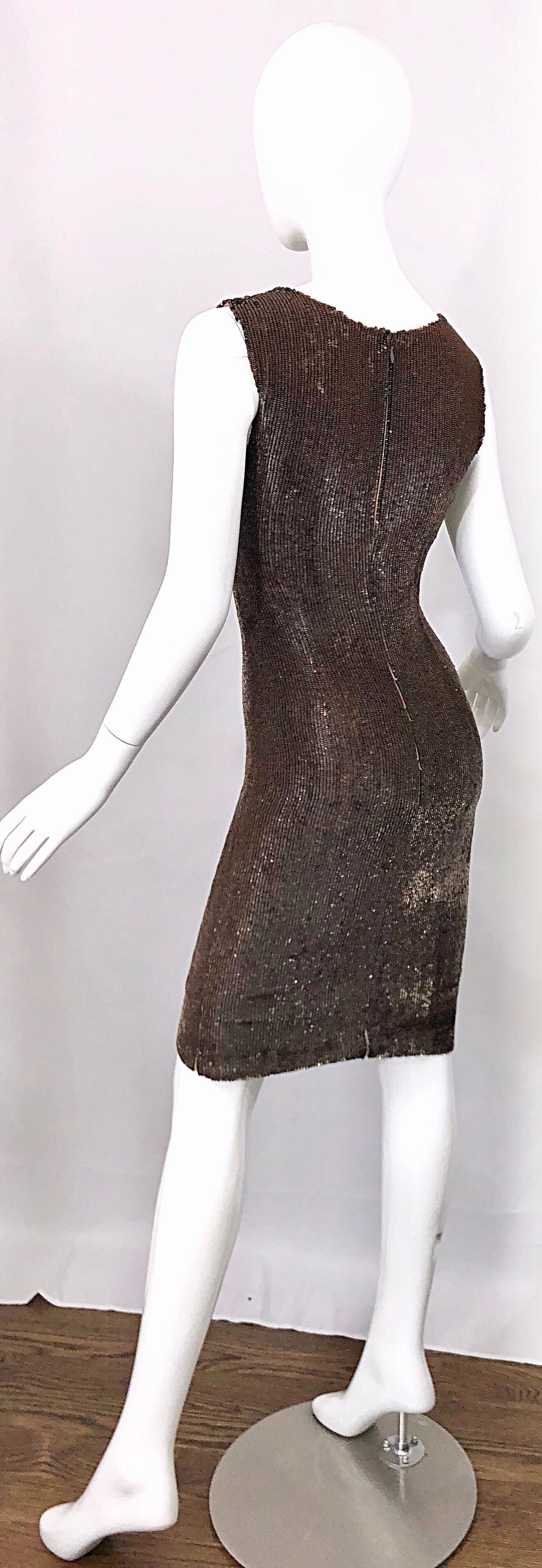 Bill Blass Early 2000s Silk Chiffon Brown Bronze Fully Sequined Sheath Dress For Sale 5