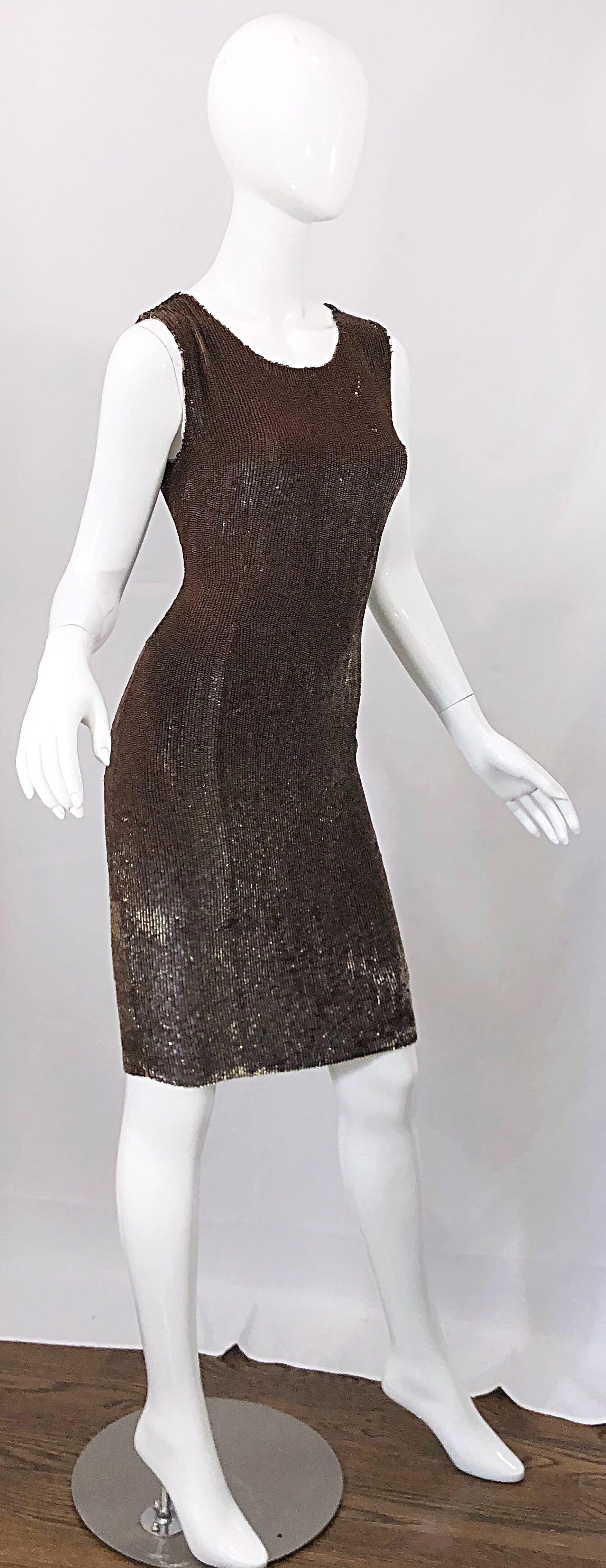 Bill Blass Early 2000s Silk Chiffon Brown Bronze Fully Sequined Sheath Dress For Sale 6