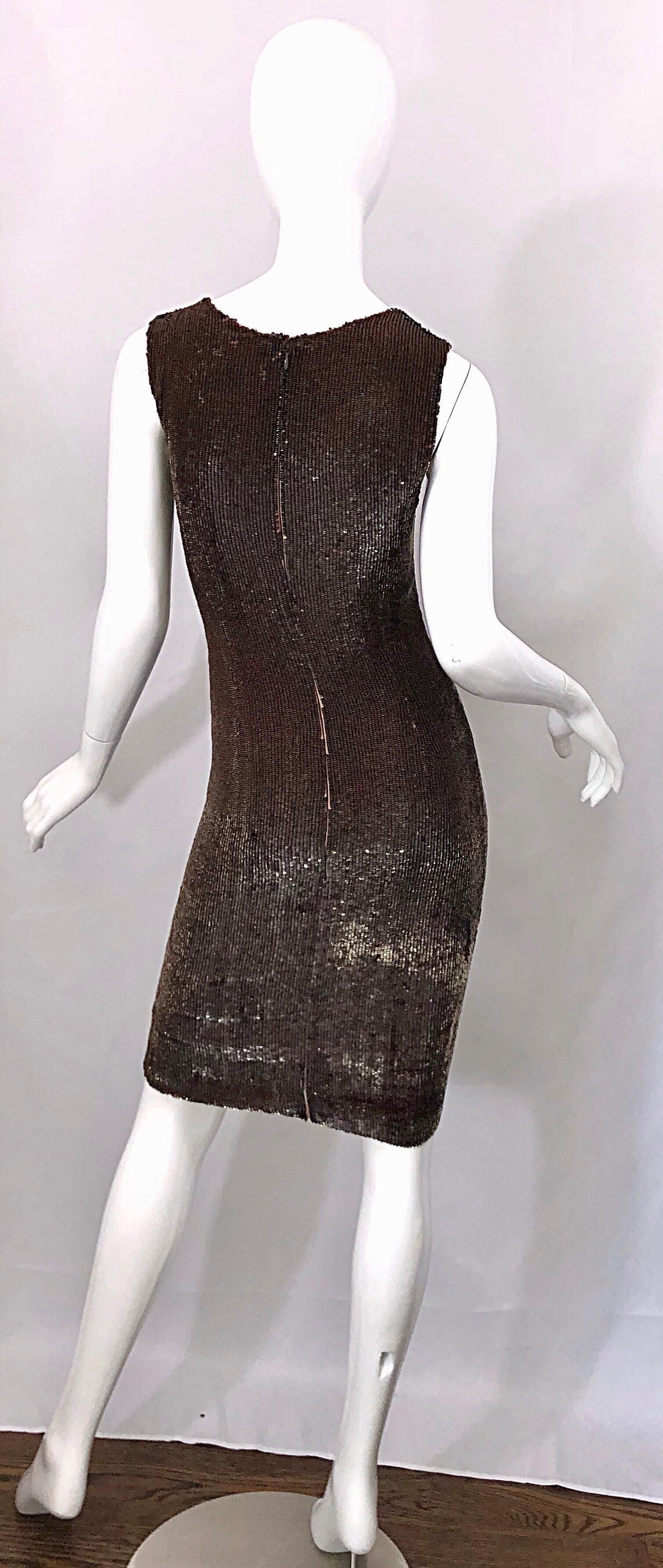 Bill Blass Early 2000s Silk Chiffon Brown Bronze Fully Sequined Sheath Dress For Sale 7