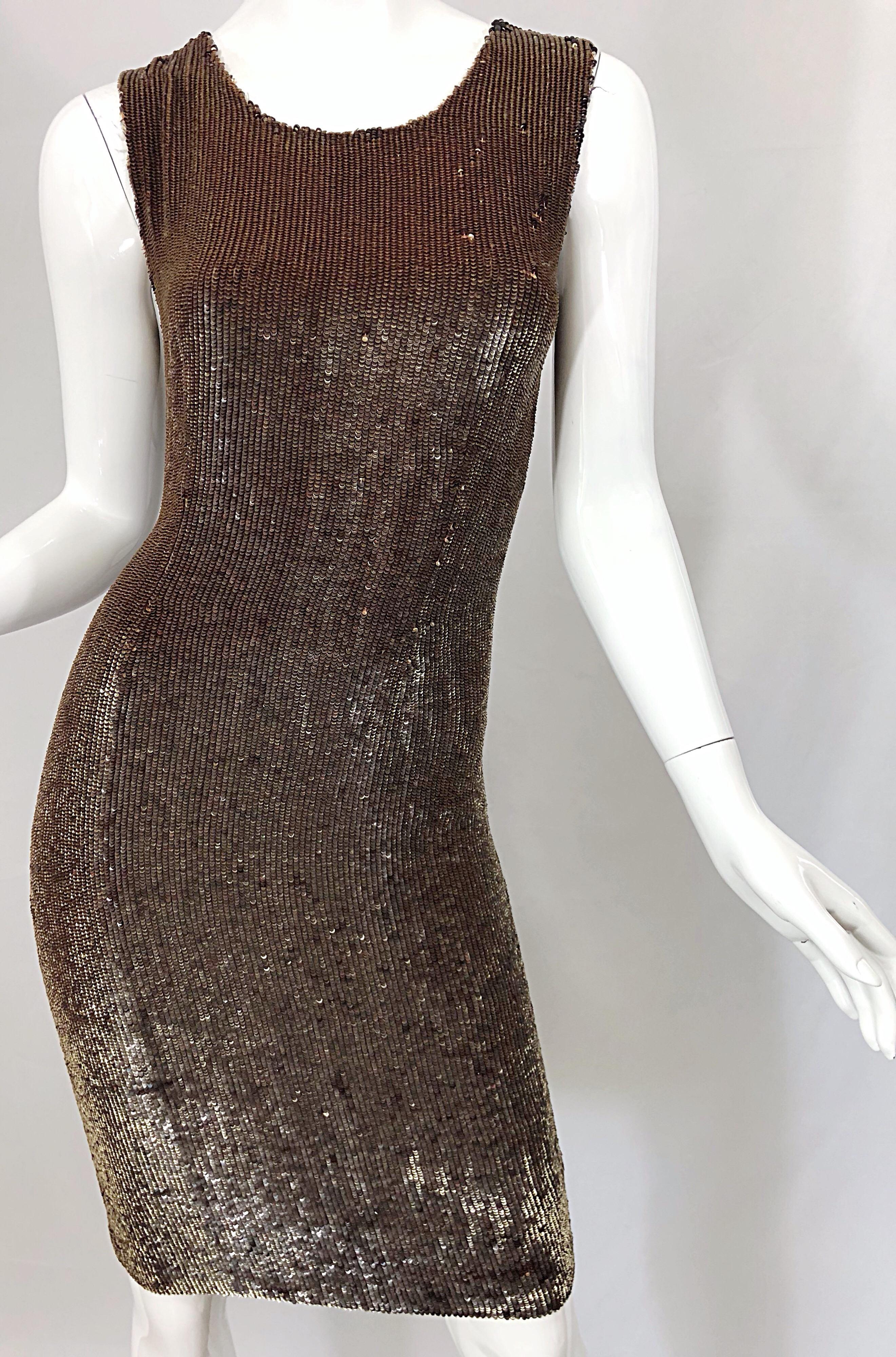 Bill Blass Early 2000s Silk Chiffon Brown Bronze Fully Sequined Sheath Dress For Sale 8