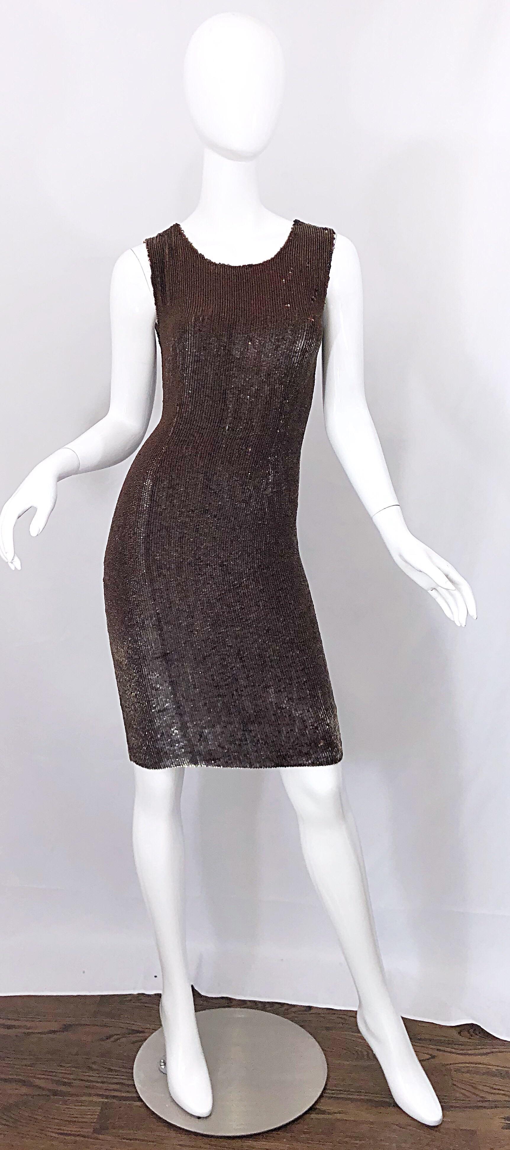 Bill Blass Early 2000s Silk Chiffon Brown Bronze Fully Sequined Sheath Dress For Sale 9