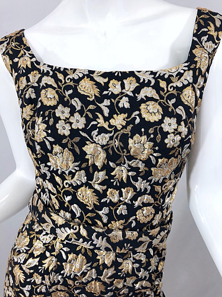 Gorgeous 1960s Clifton Wilhite Gold Silver Black Silk Brocade Vintage 60s Gown