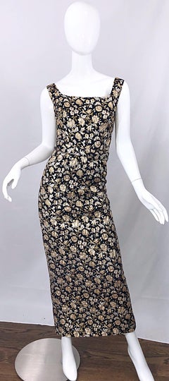 Gorgeous 1960s Clifton Wilhite Gold Silver Black Silk Brocade Vintage 60s Gown