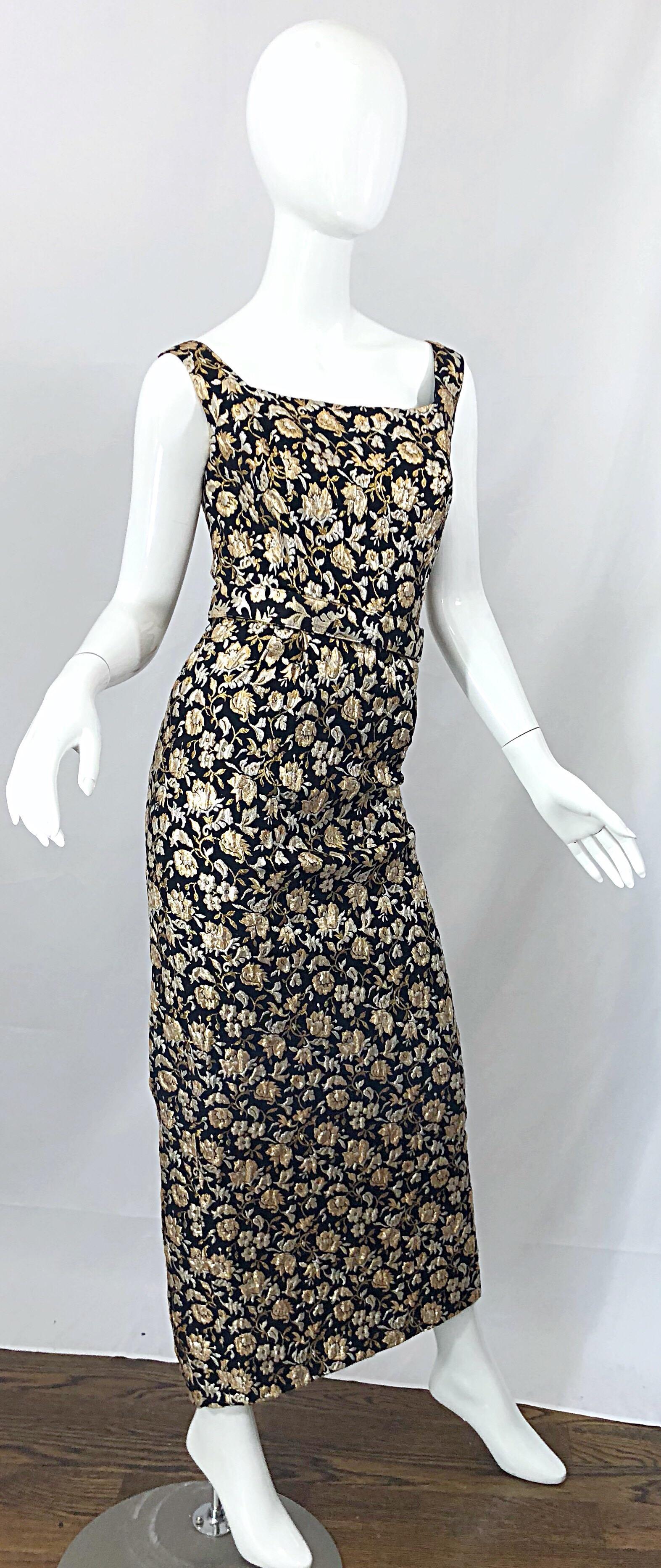Women's Gorgeous 1960s Clifton Wilhite Gold Silver Black Silk Brocade Vintage 60s Gown For Sale