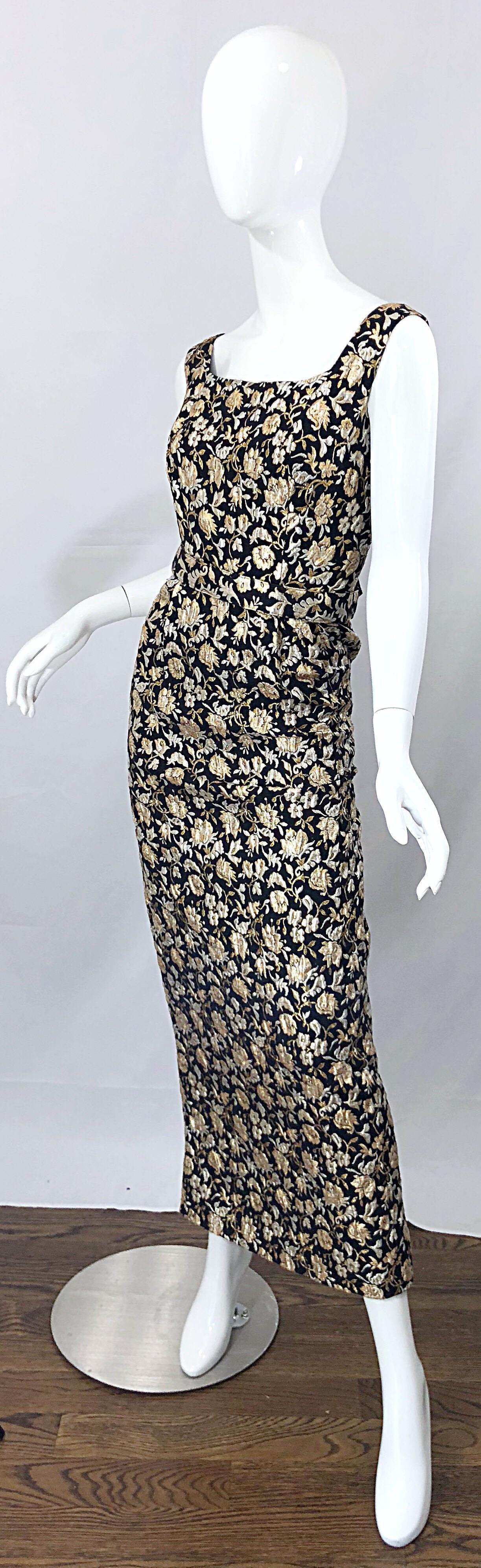 Gorgeous 1960s Clifton Wilhite Gold Silver Black Silk Brocade Vintage 60s Gown For Sale 1