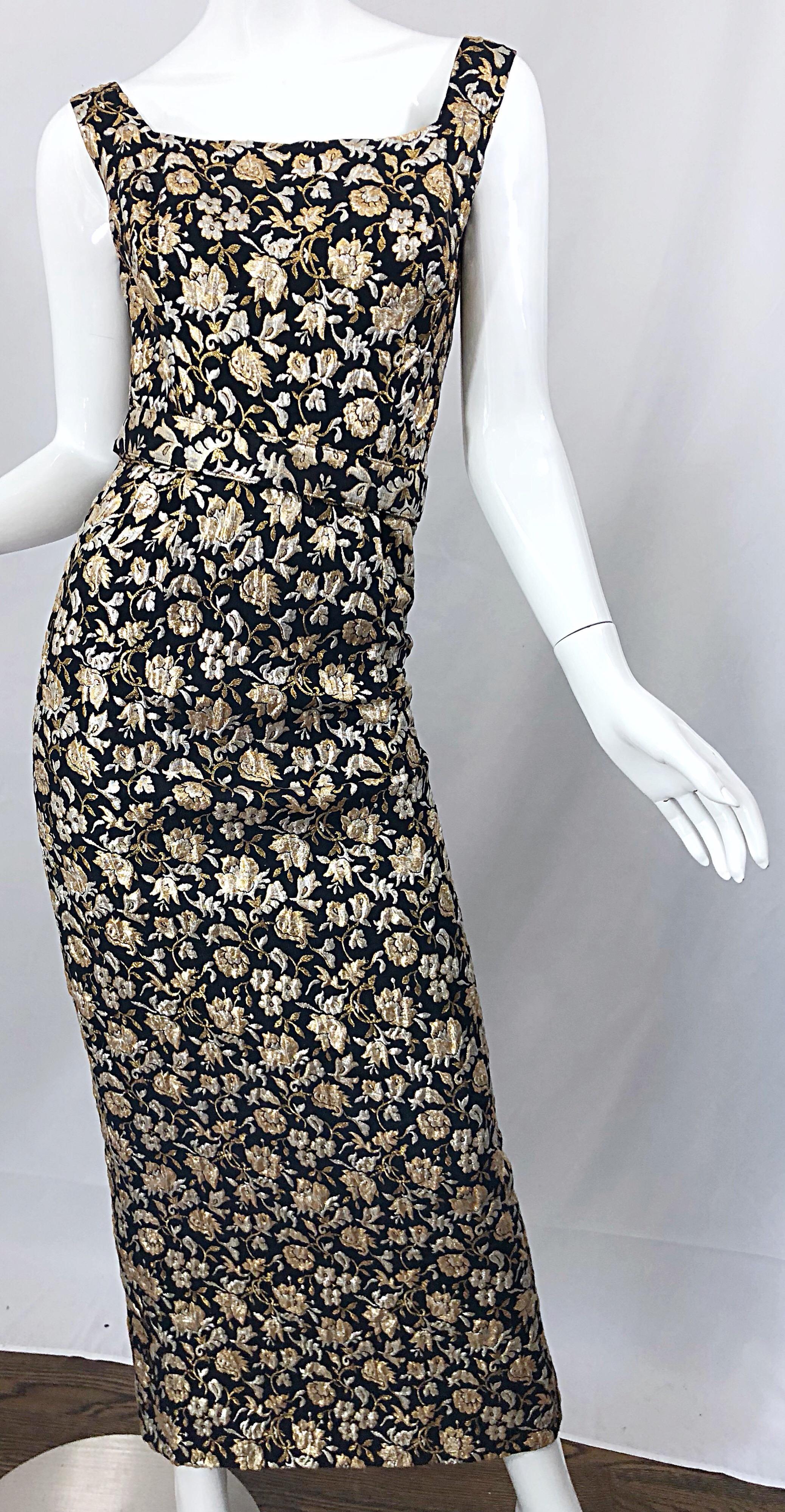 Gorgeous 1960s Clifton Wilhite Gold Silver Black Silk Brocade Vintage 60s Gown For Sale 2