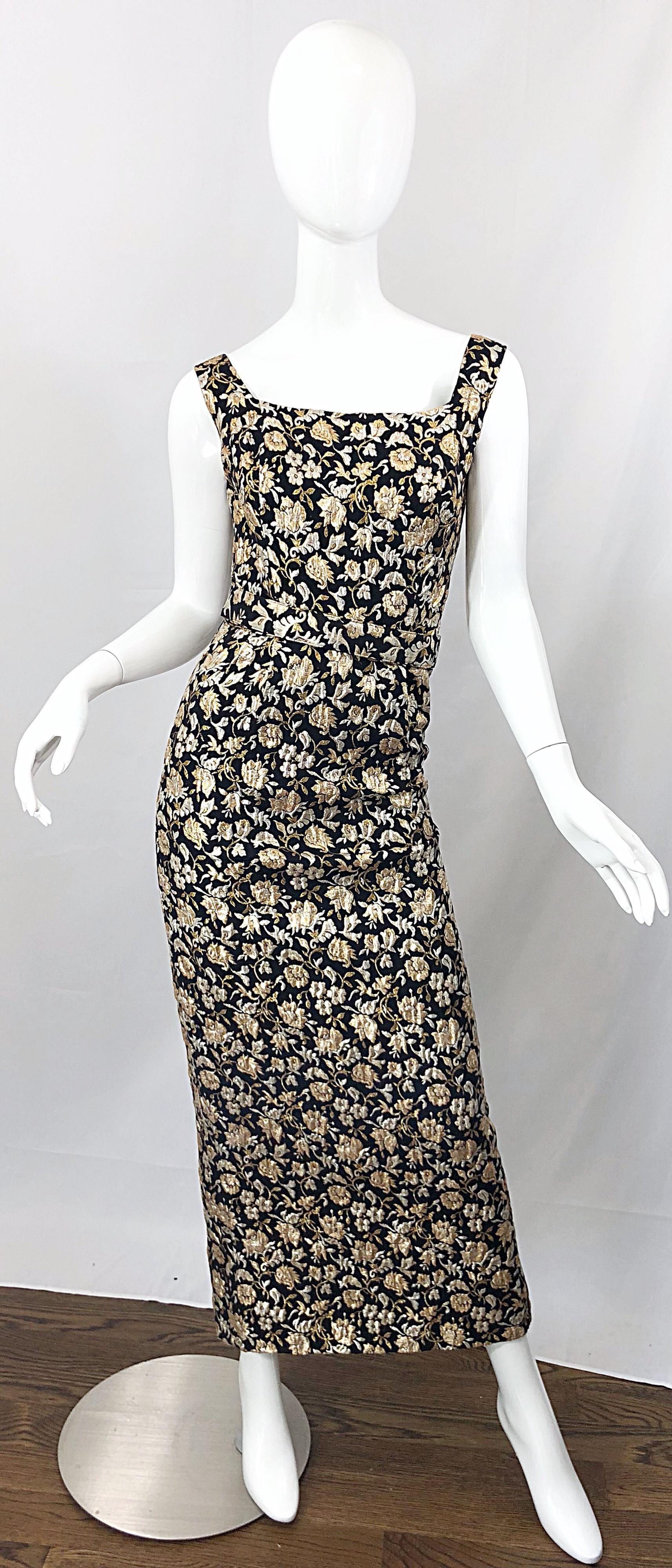 Gorgeous 1960s Clifton Wilhite Gold Silver Black Silk Brocade Vintage 60s Gown For Sale 6