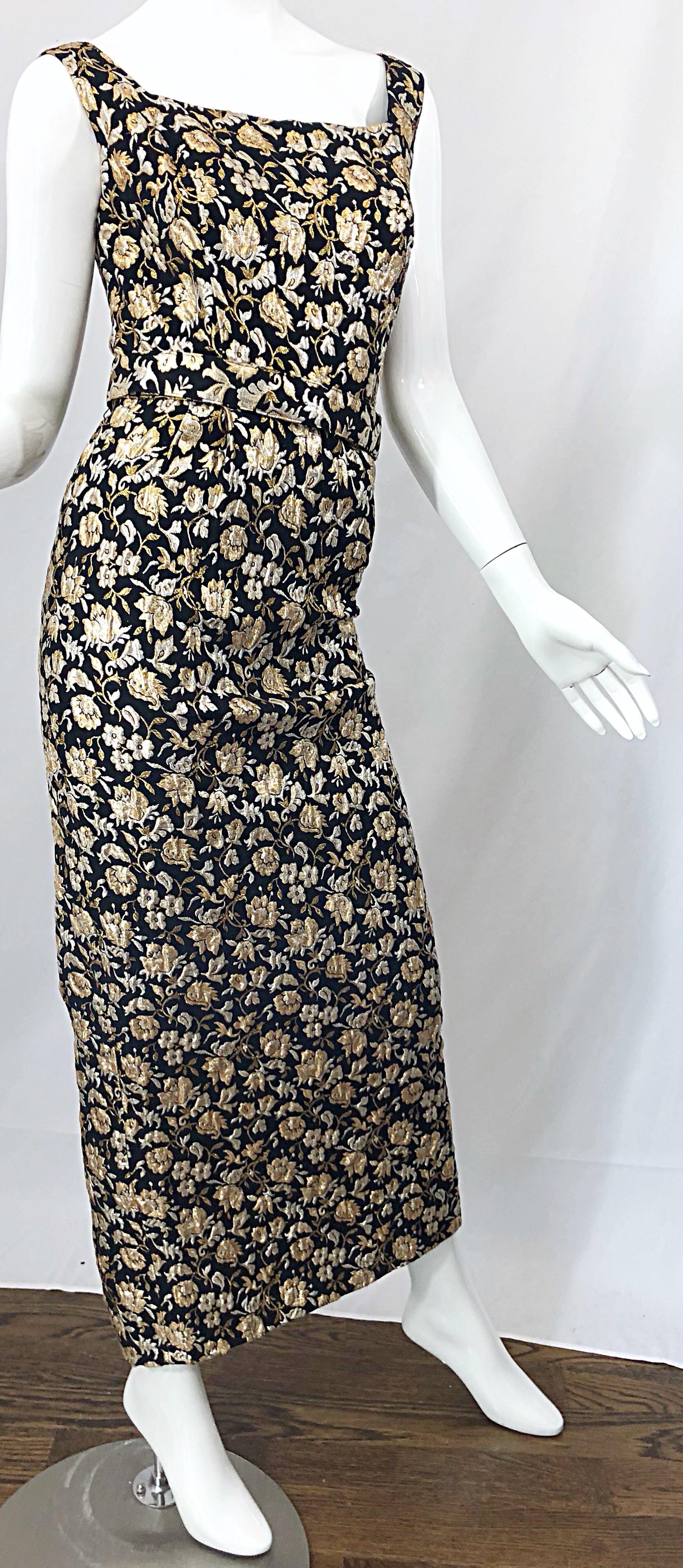 Gorgeous 1960s Clifton Wilhite Gold Silver Black Silk Brocade Vintage 60s Gown For Sale 5