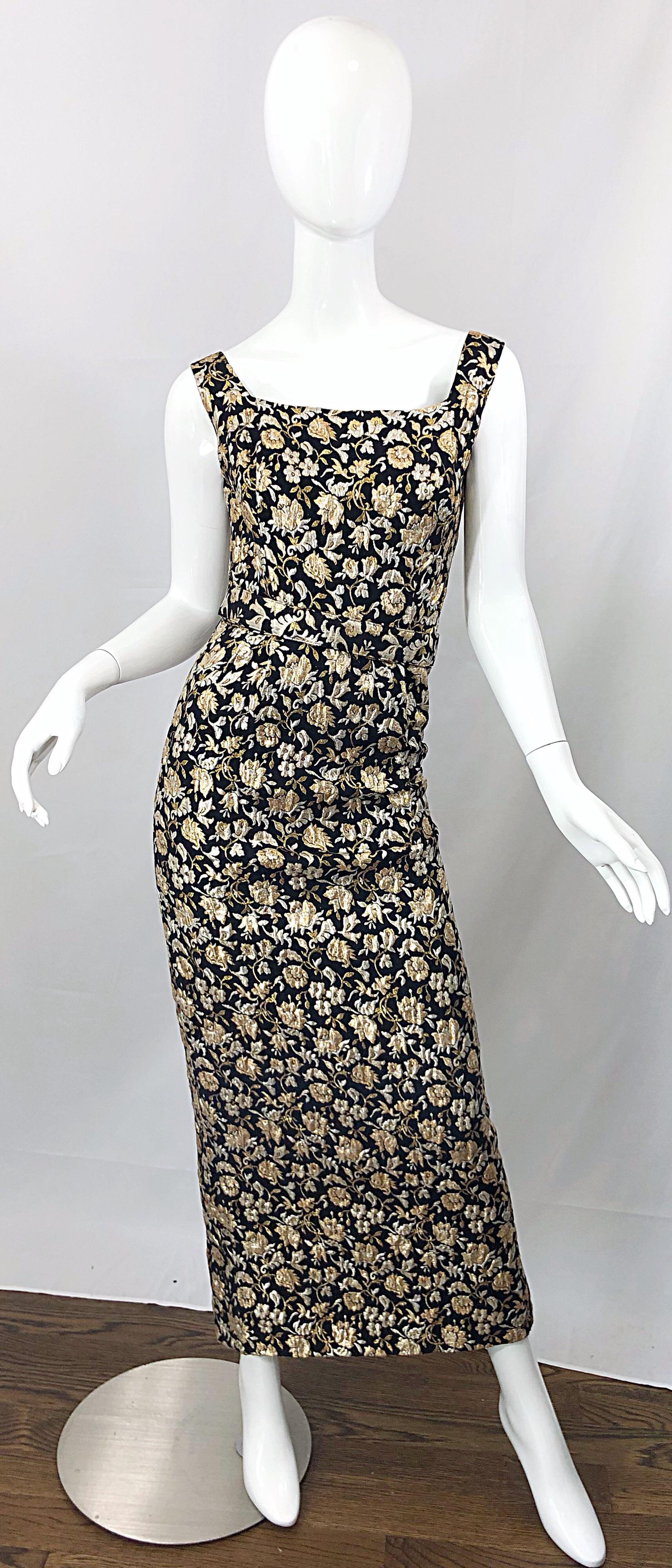 Gorgeous 1960s Clifton Wilhite Gold Silver Black Silk Brocade Vintage 60s Gown For Sale 8