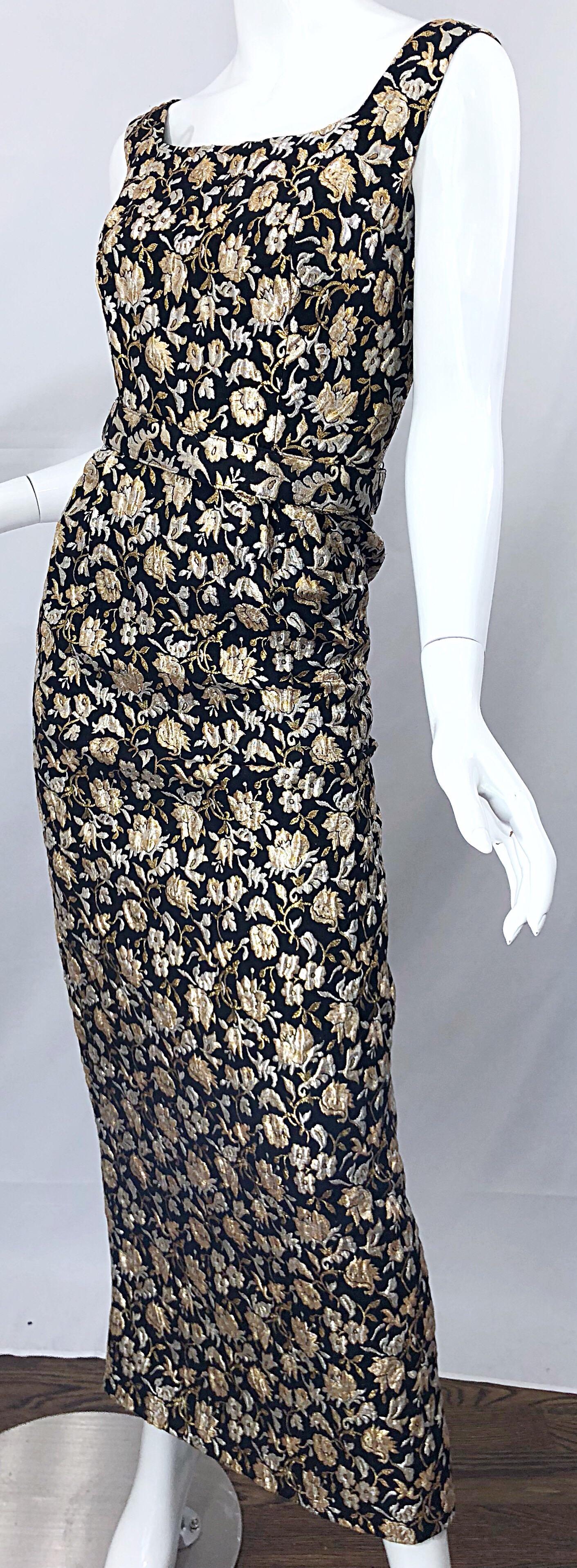 Gorgeous 1960s Clifton Wilhite Gold Silver Black Silk Brocade Vintage 60s Gown For Sale 3