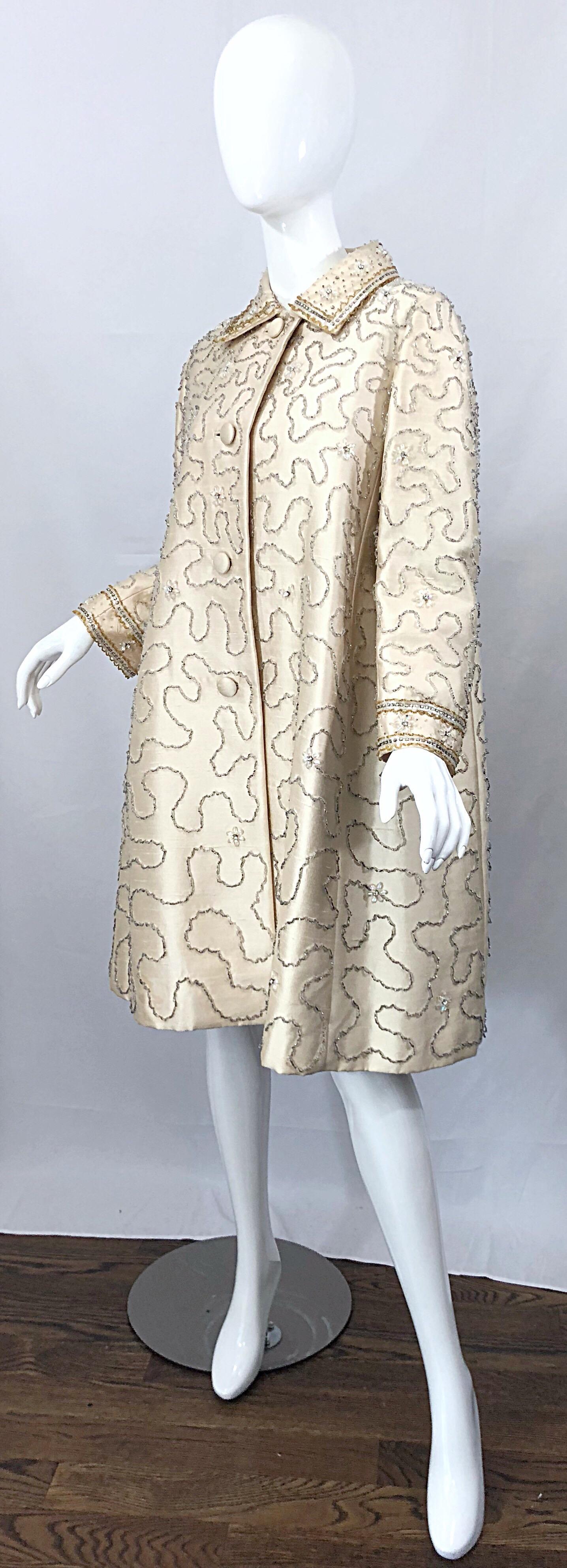 Gray Gorgeous 1960s Jean Lutece Ivory Silk Beaded Two Piece 60s A Line Dress + Jacket