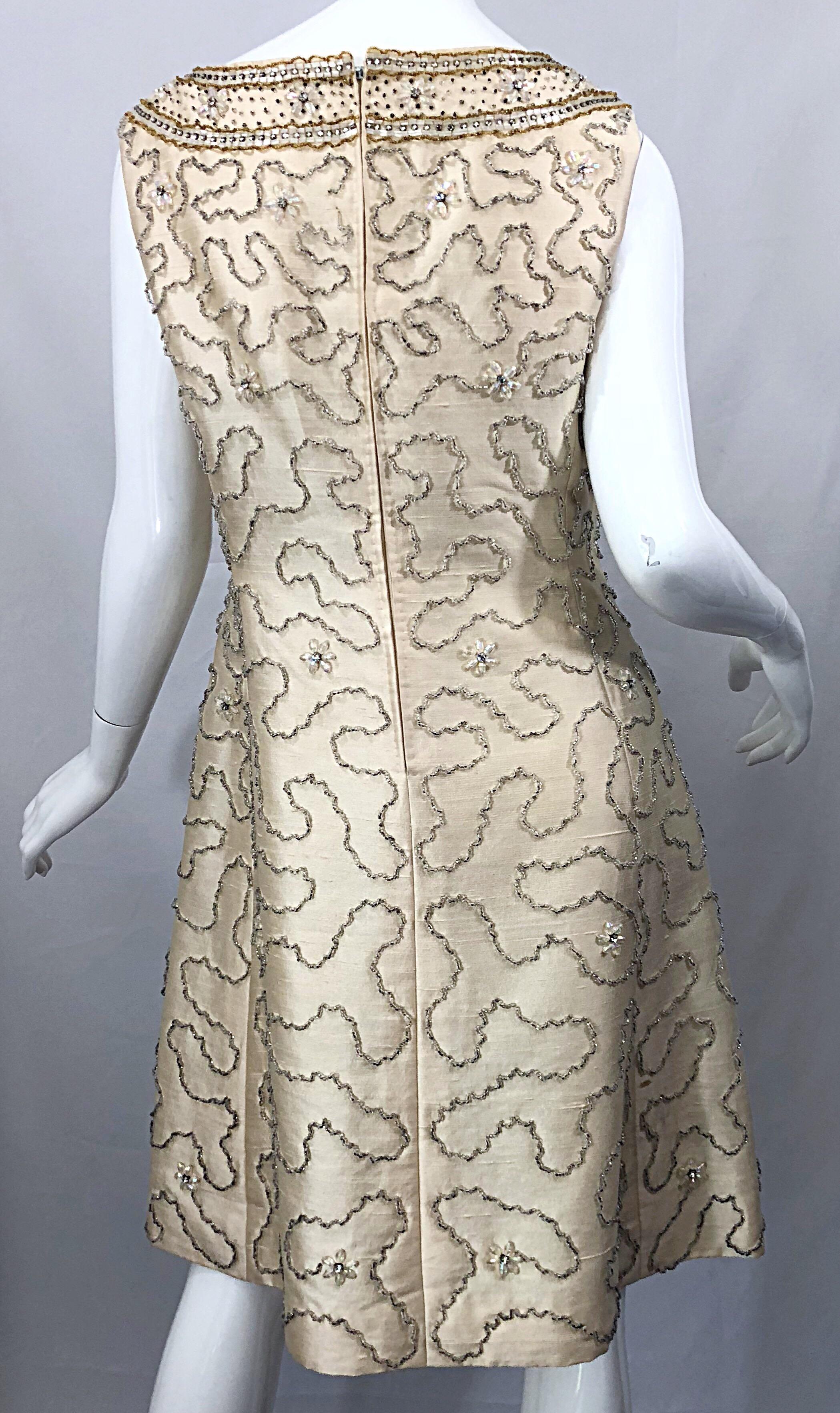 Women's Gorgeous 1960s Jean Lutece Ivory Silk Beaded Two Piece 60s A Line Dress + Jacket