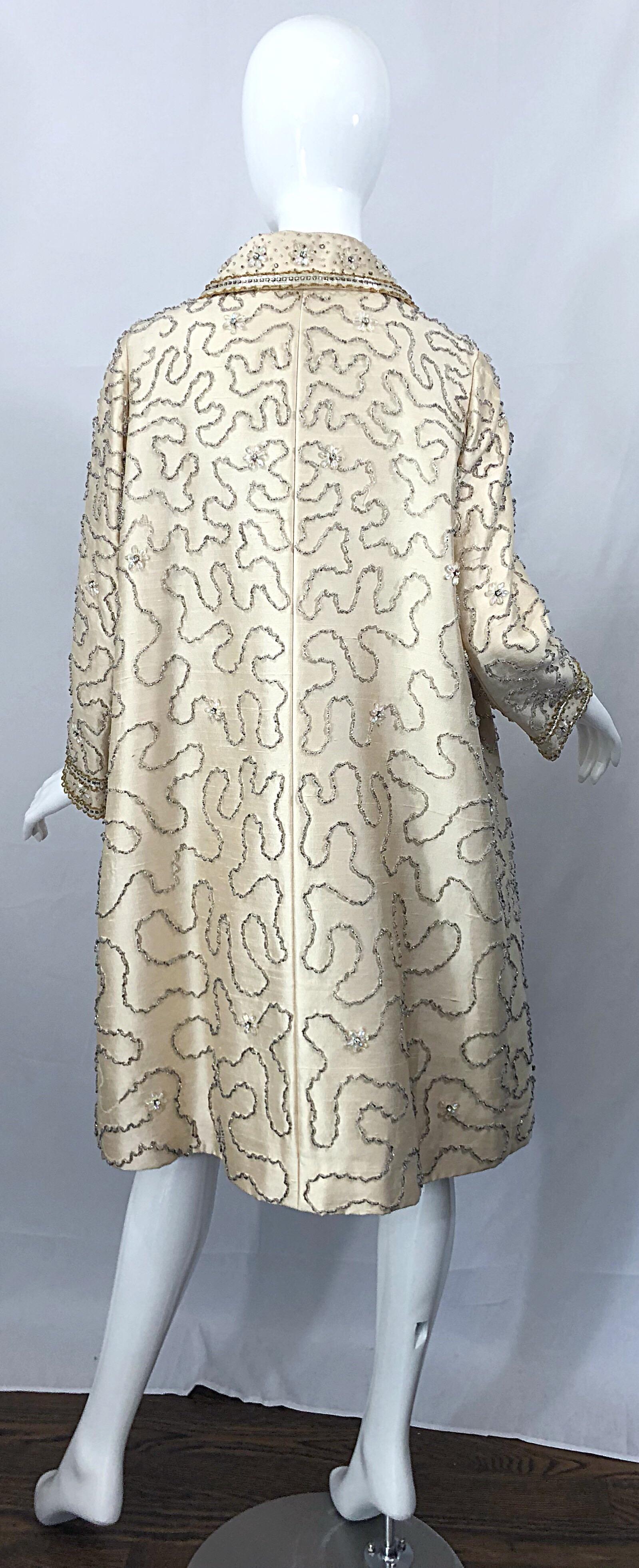 Gorgeous 1960s Jean Lutece Ivory Silk Beaded Two Piece 60s A Line Dress + Jacket 1