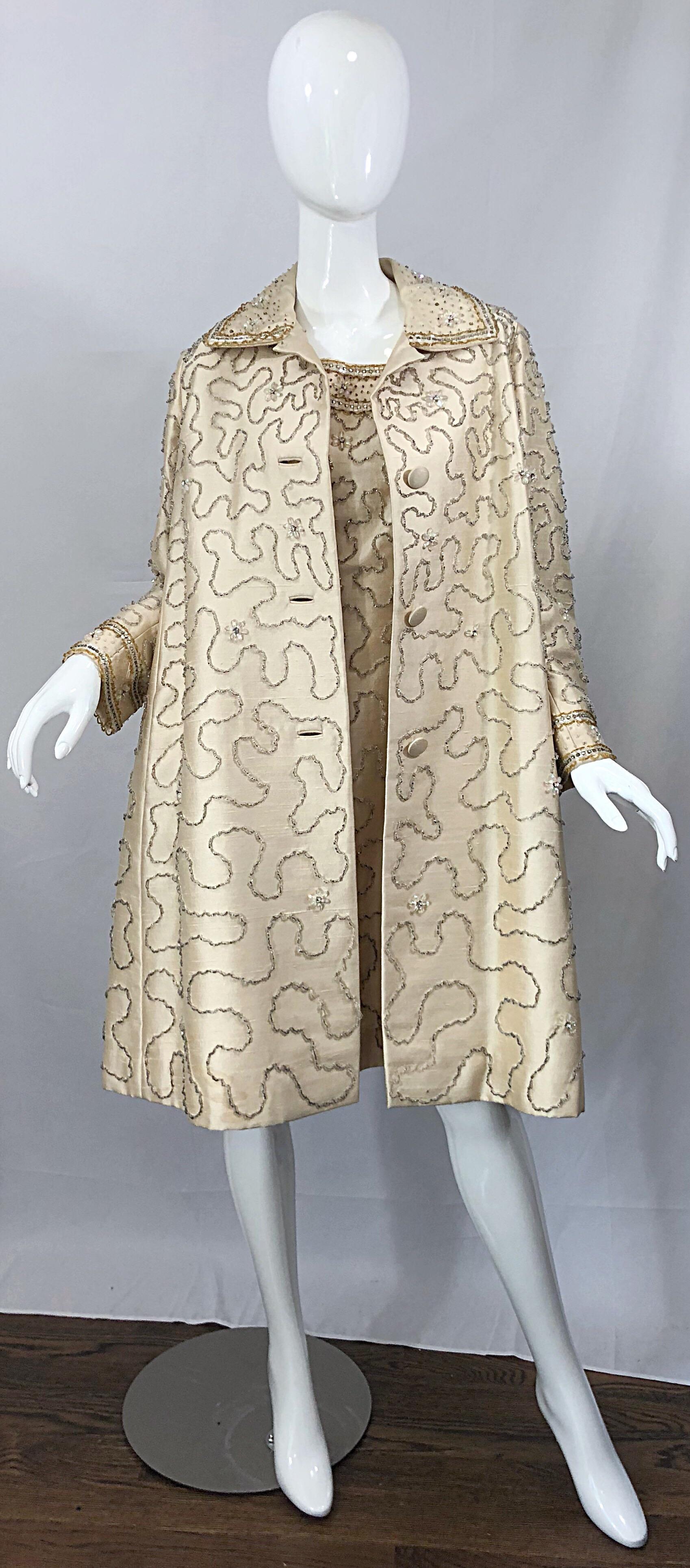 Gorgeous 1960s Jean Lutece Ivory Silk Beaded Two Piece 60s A Line Dress + Jacket 2