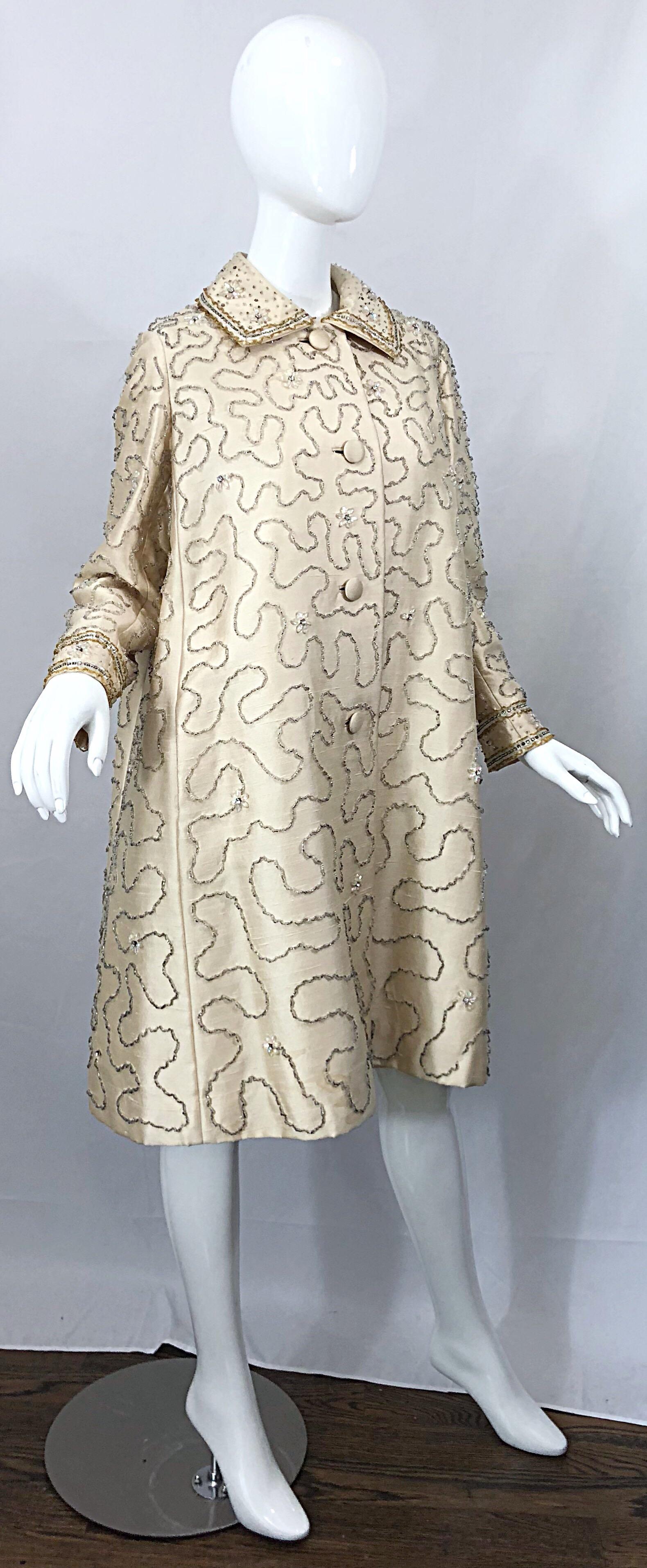 Gorgeous 1960s Jean Lutece Ivory Silk Beaded Two Piece 60s A Line Dress + Jacket 3