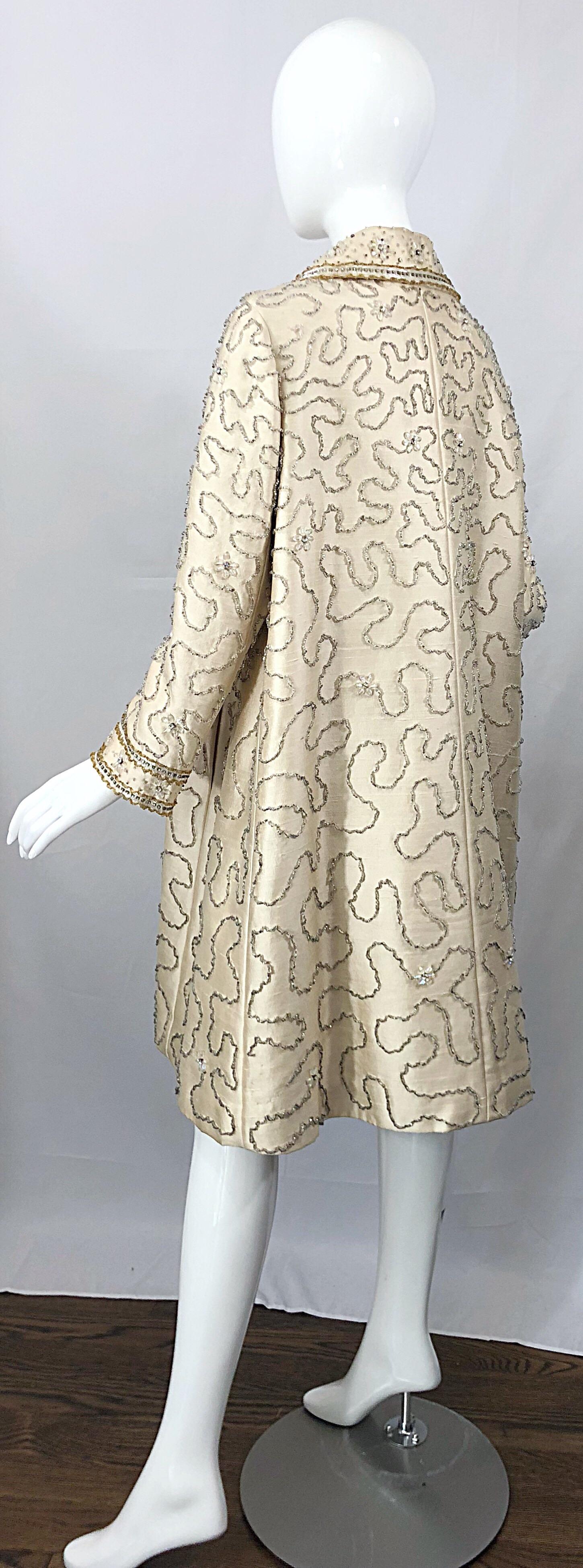 Gorgeous 1960s Jean Lutece Ivory Silk Beaded Two Piece 60s A Line Dress + Jacket 4