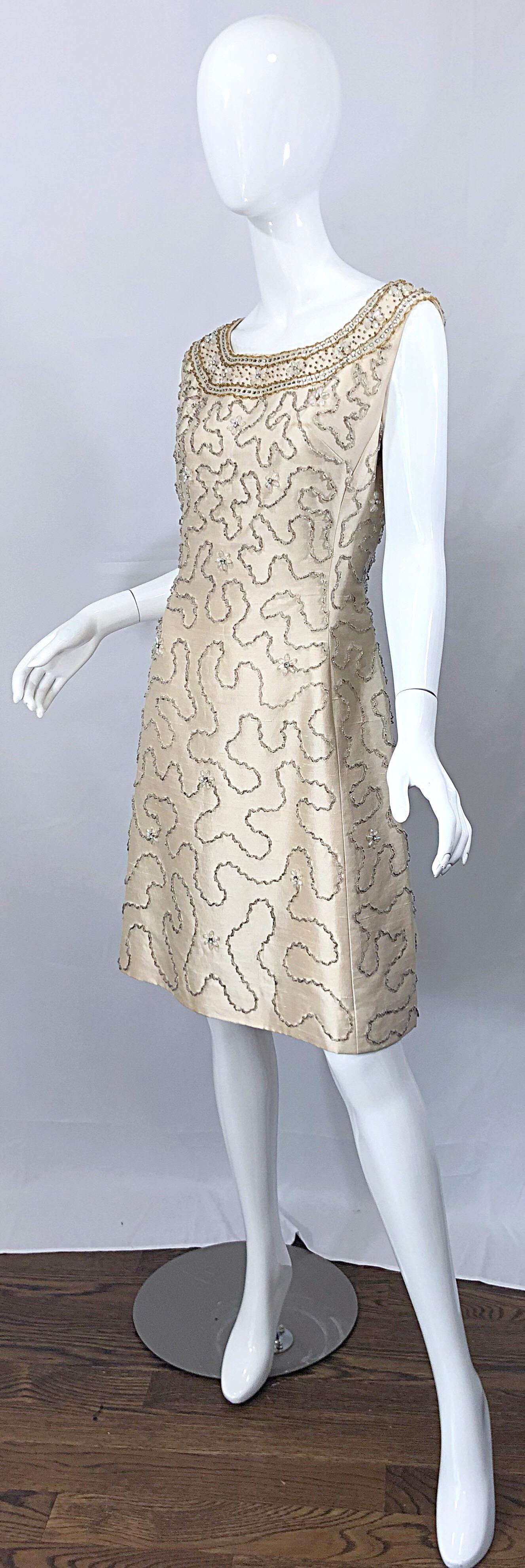 Gorgeous 1960s Jean Lutece Ivory Silk Beaded Two Piece 60s A Line Dress + Jacket 5