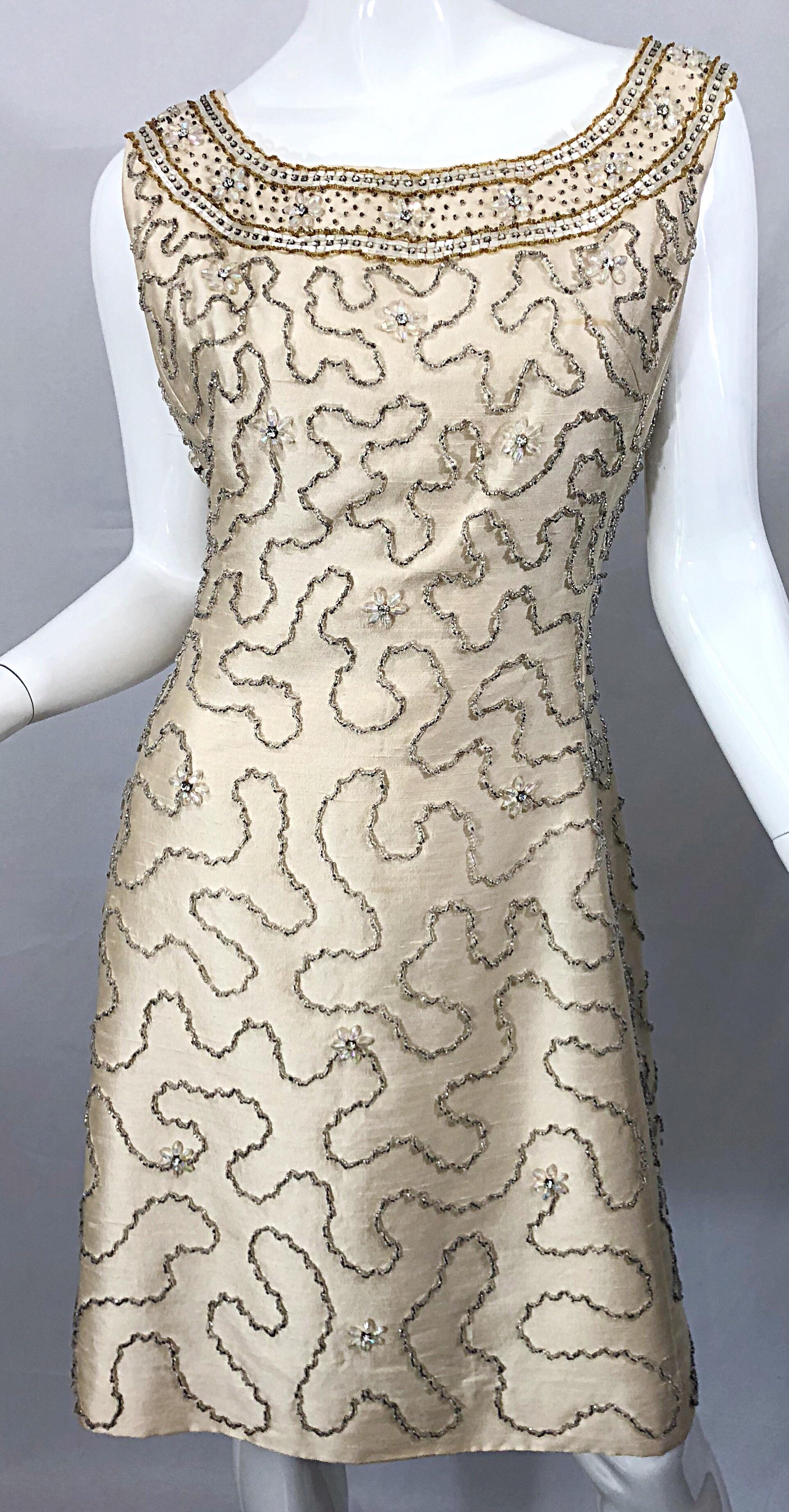 Gorgeous 1960s Jean Lutece Ivory Silk Beaded Two Piece 60s A Line Dress + Jacket 6