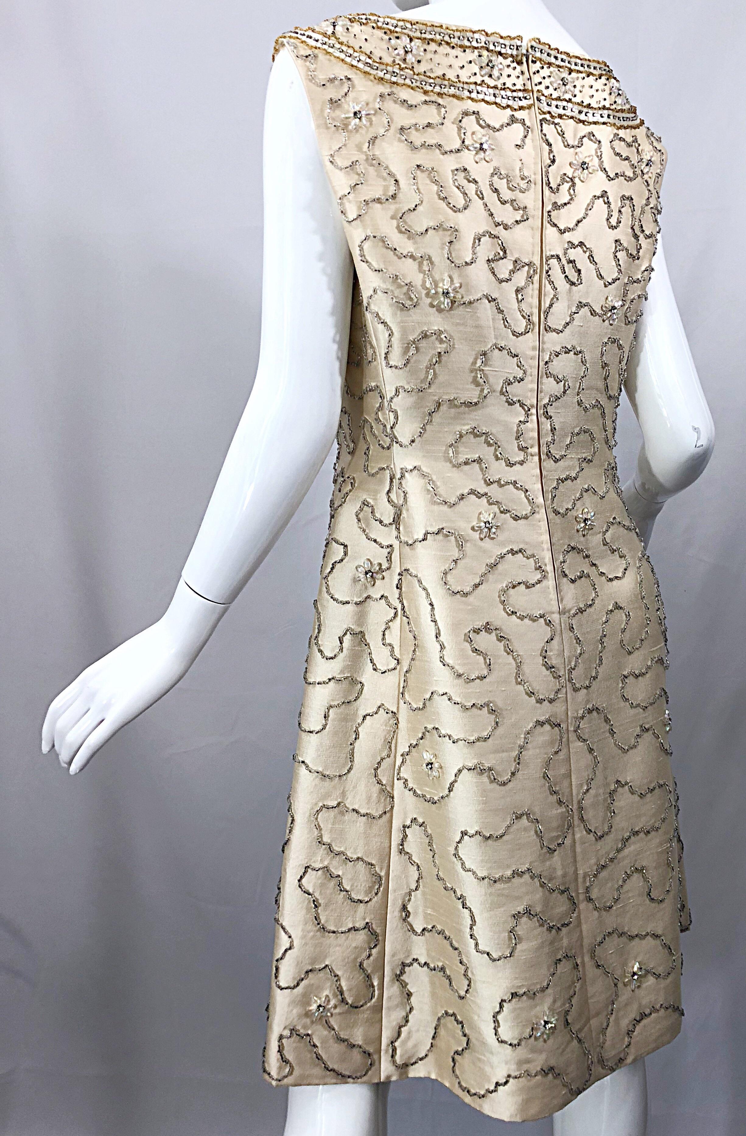 Gorgeous 1960s Jean Lutece Ivory Silk Beaded Two Piece 60s A Line Dress + Jacket 8