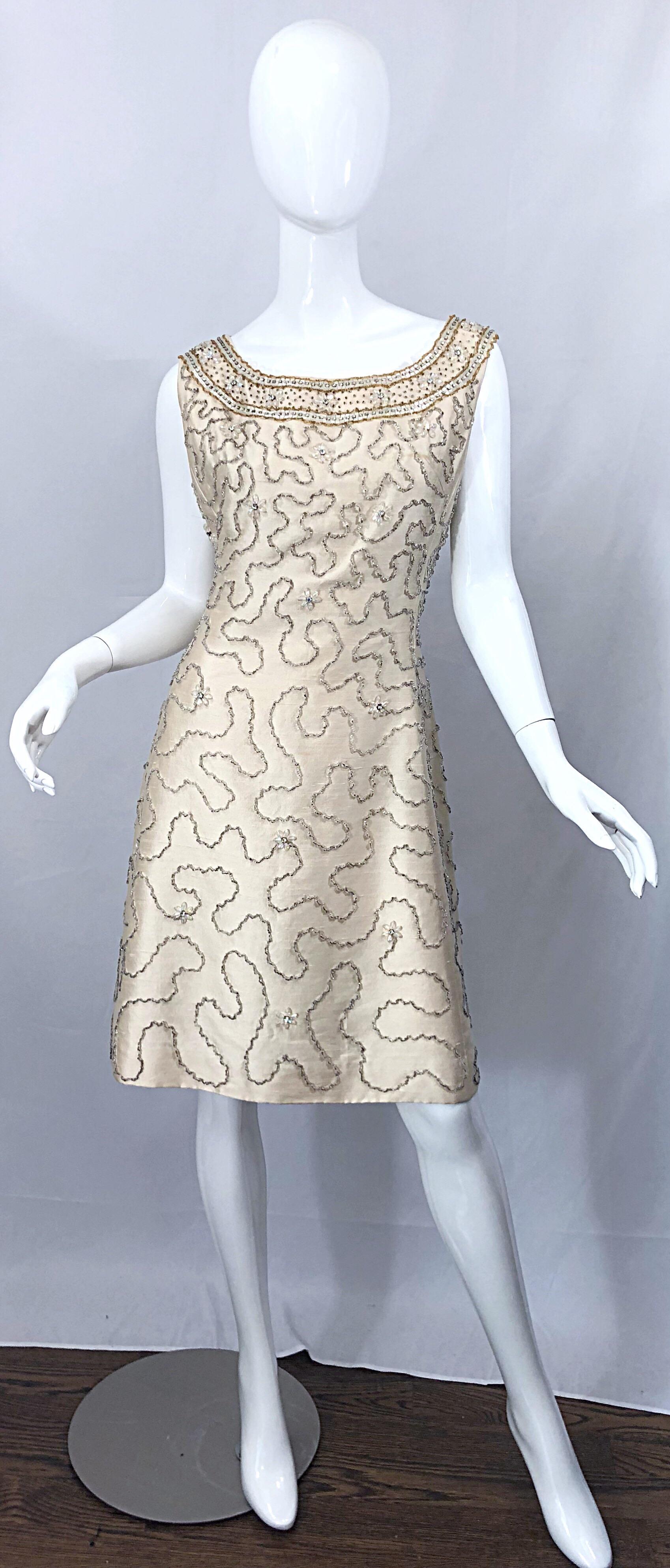 Gorgeous 1960s Jean Lutece Ivory Silk Beaded Two Piece 60s A Line Dress + Jacket 9
