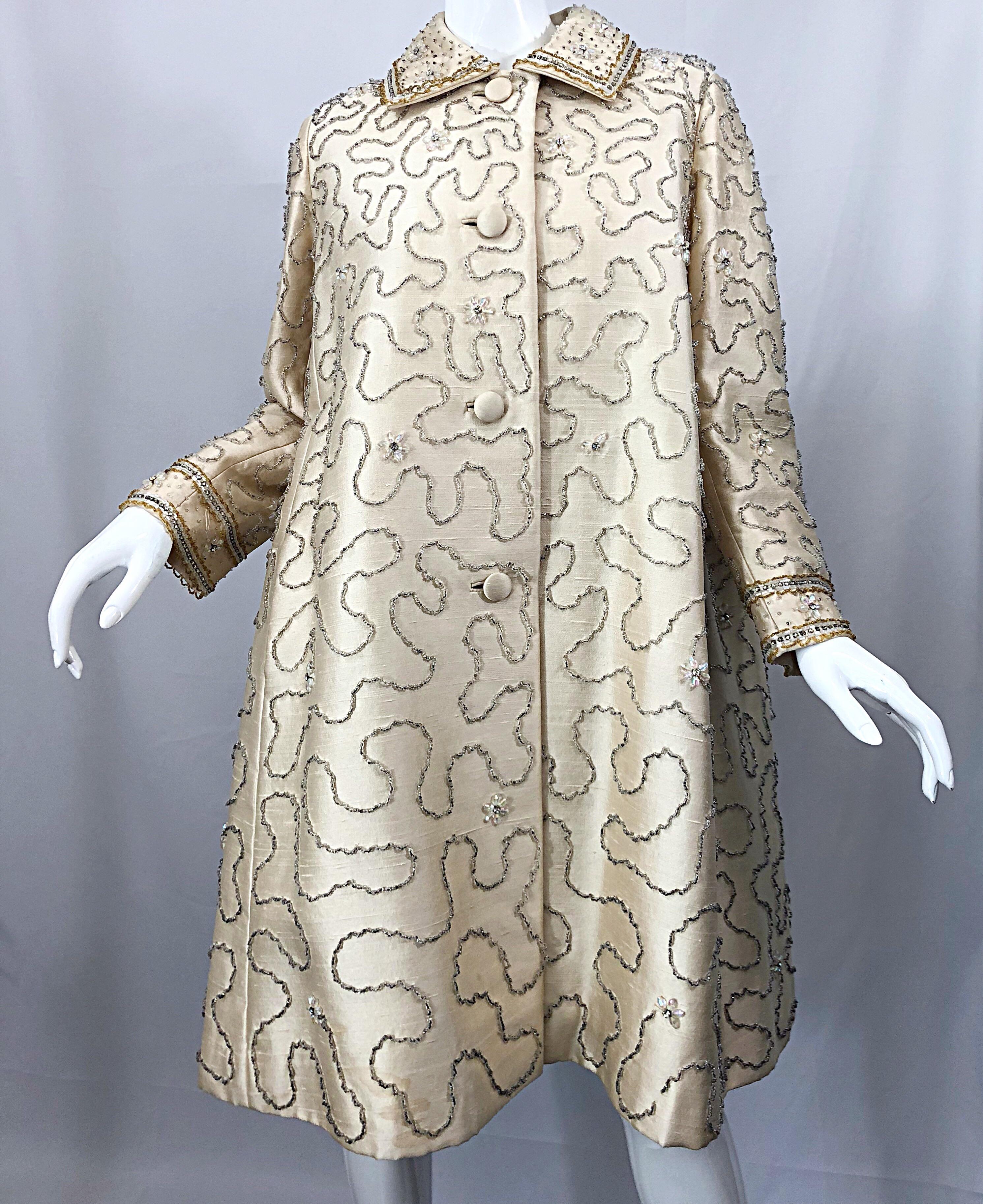 Gorgeous 1960s Jean Lutece Ivory Silk Beaded Two Piece 60s A Line Dress + Jacket 12