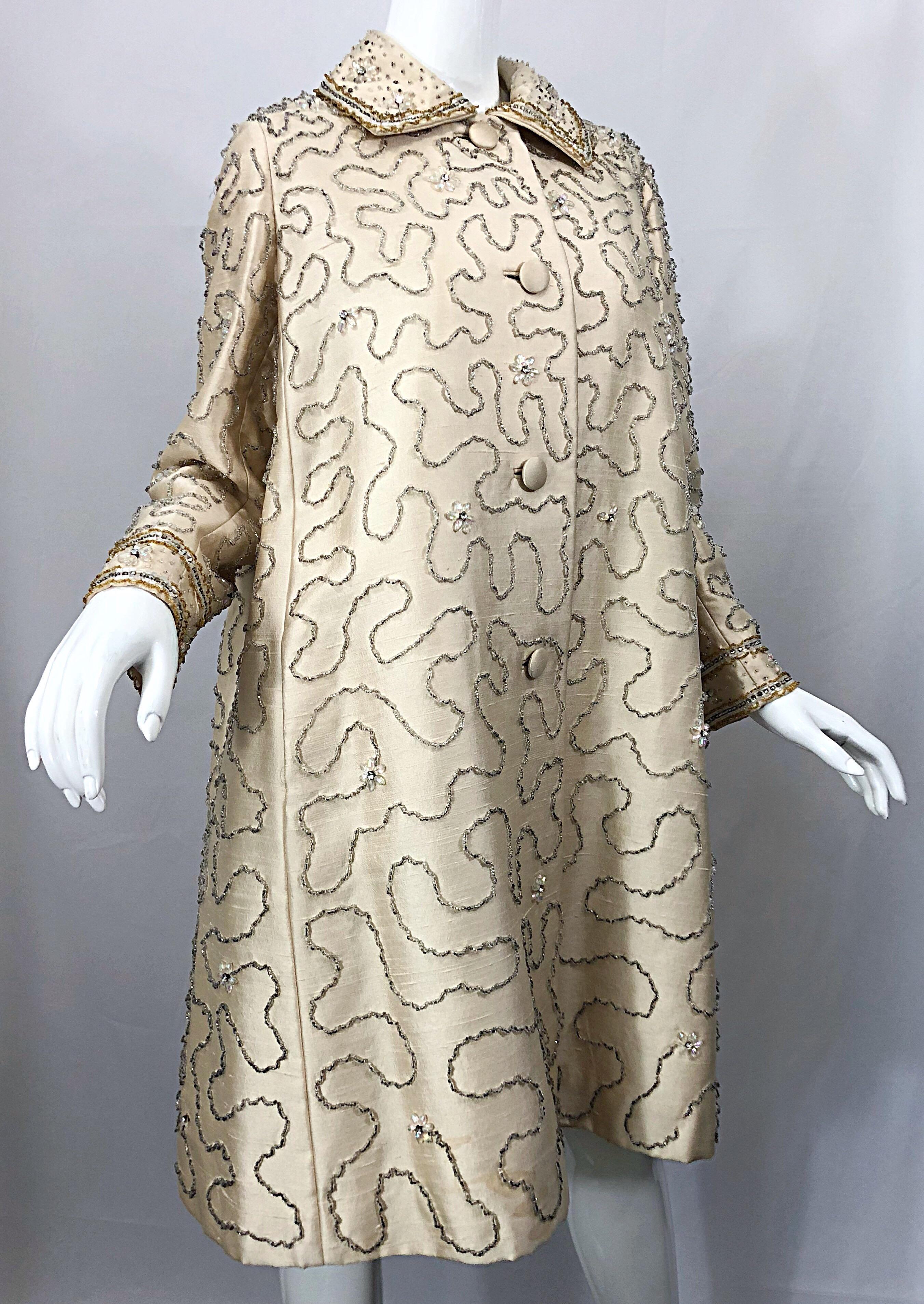 Gorgeous 1960s Jean Lutece Ivory Silk Beaded Two Piece 60s A Line Dress + Jacket 10
