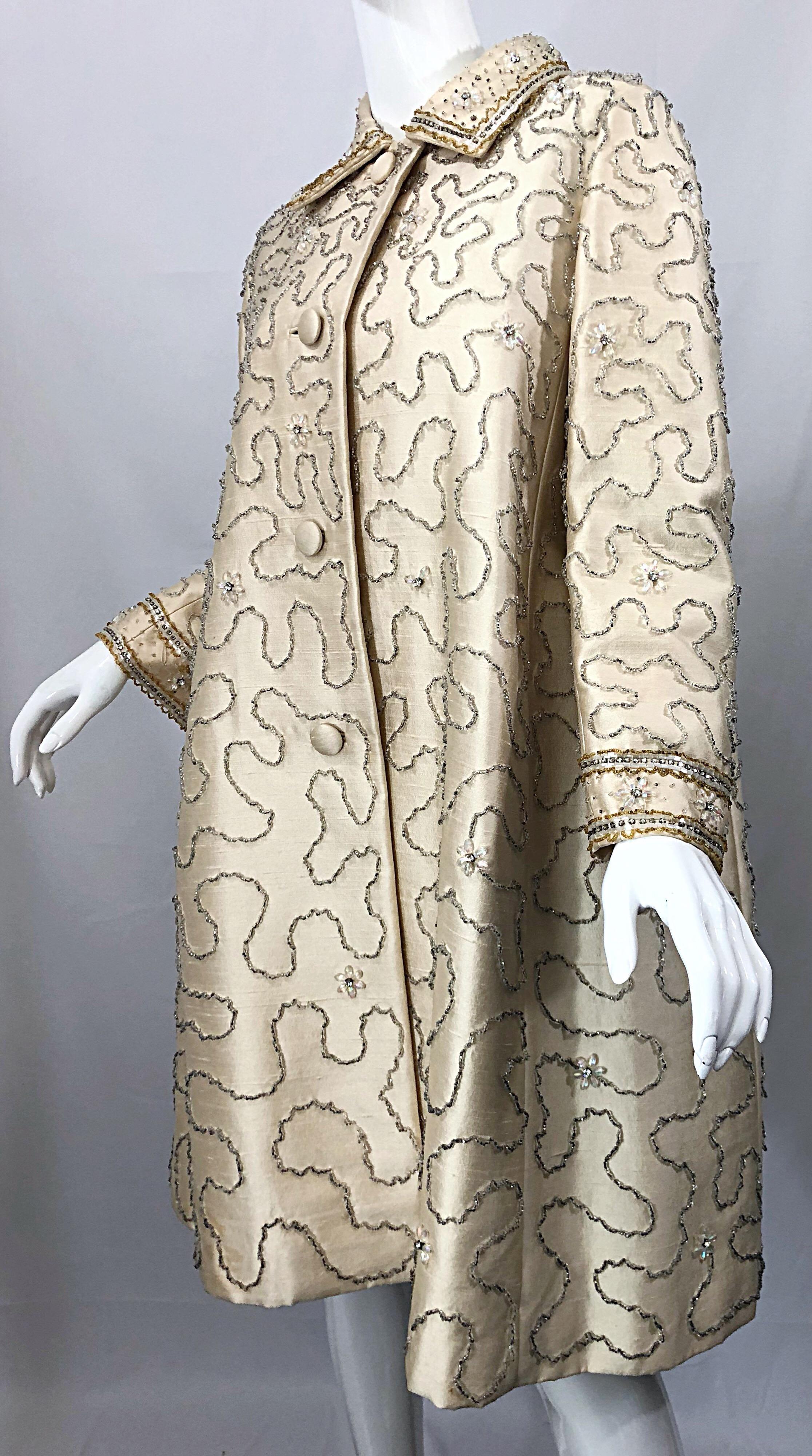 Gorgeous 1960s Jean Lutece Ivory Silk Beaded Two Piece 60s A Line Dress + Jacket 11