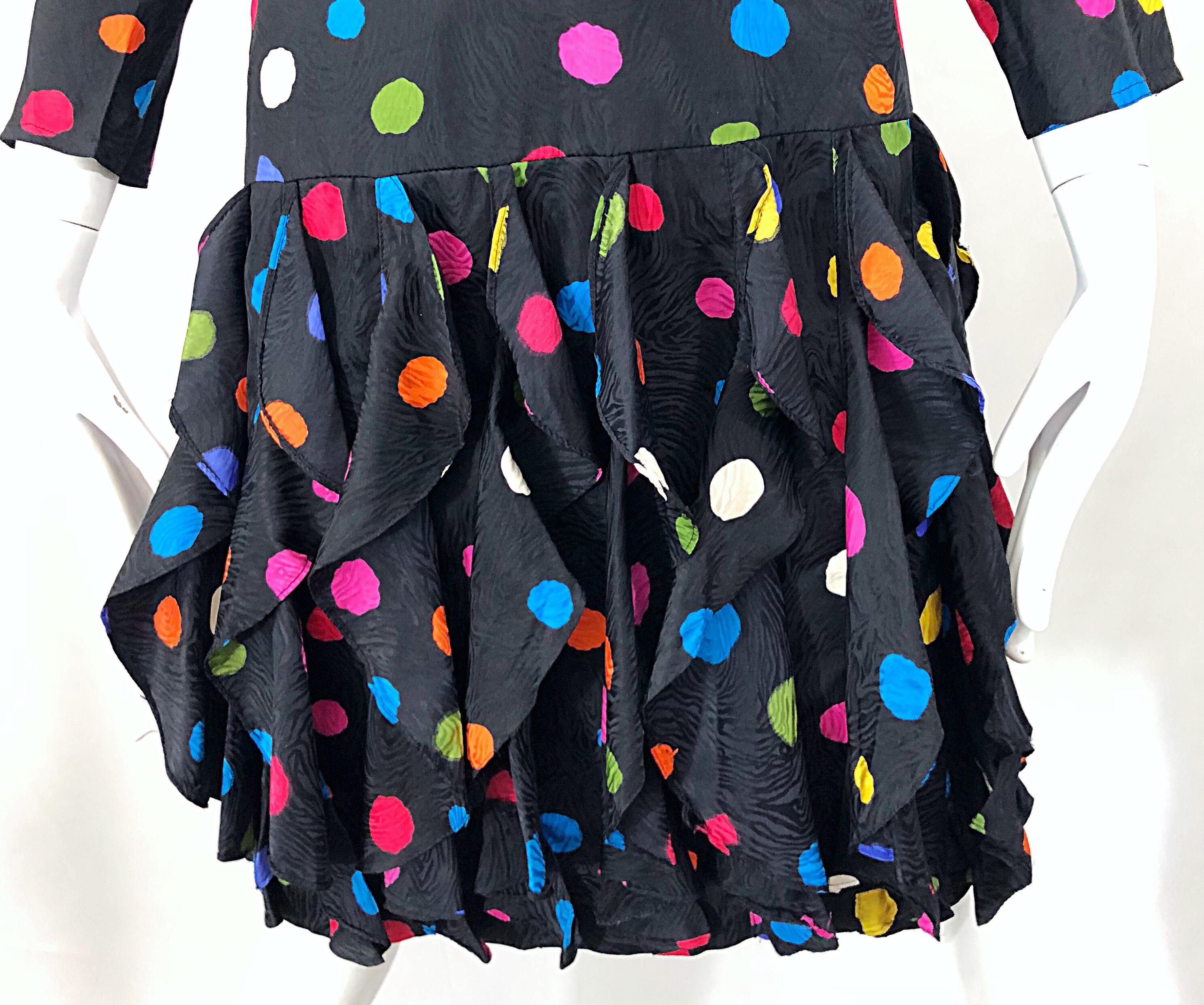 Amazing 1980s Avant Garde Black Colorful Silk Polka Dot Flutter Skirt 80s Dress In Excellent Condition In San Diego, CA