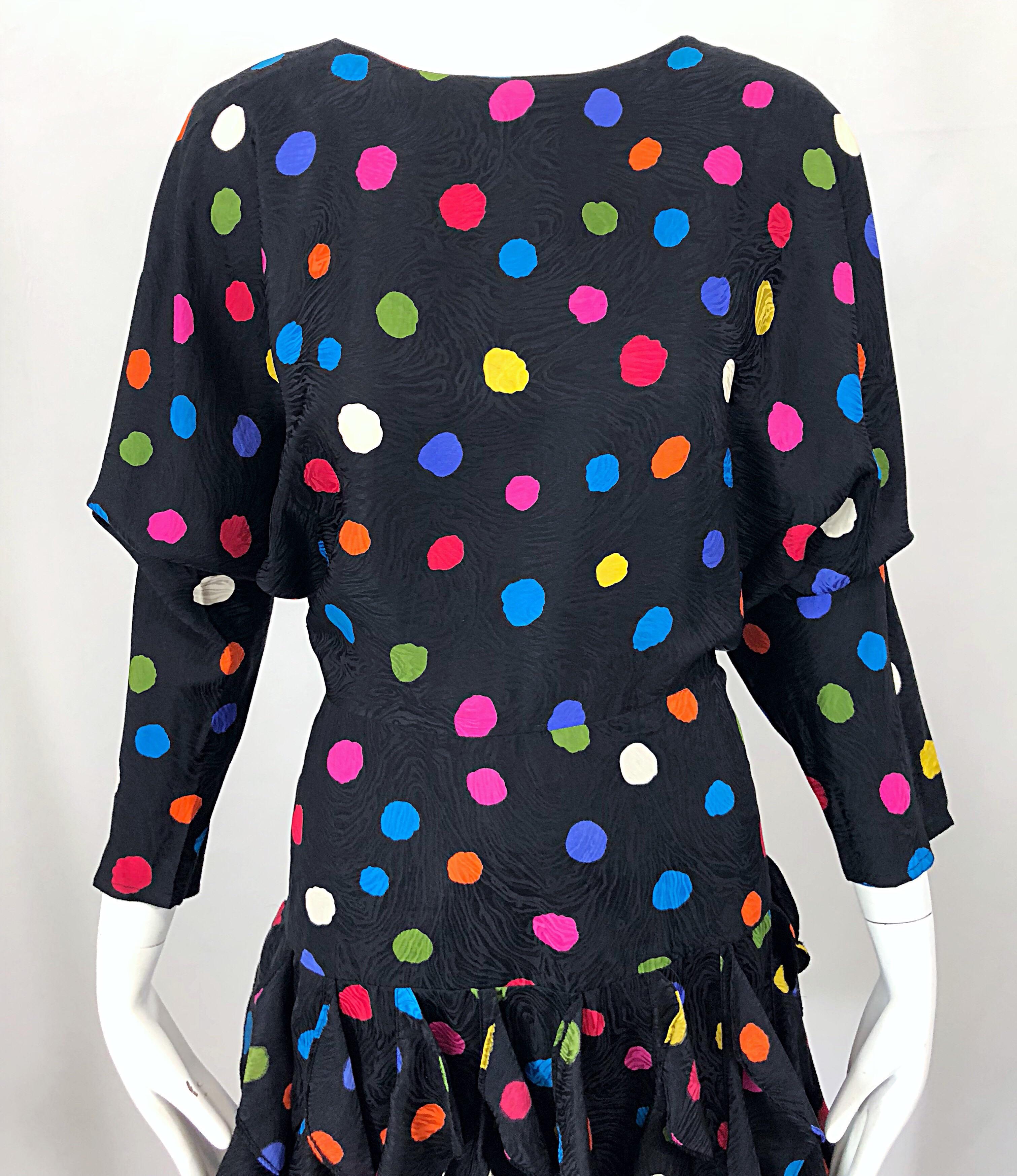 Amazing 1980s Avant Garde Black Colorful Silk Polka Dot Flutter Skirt ...
