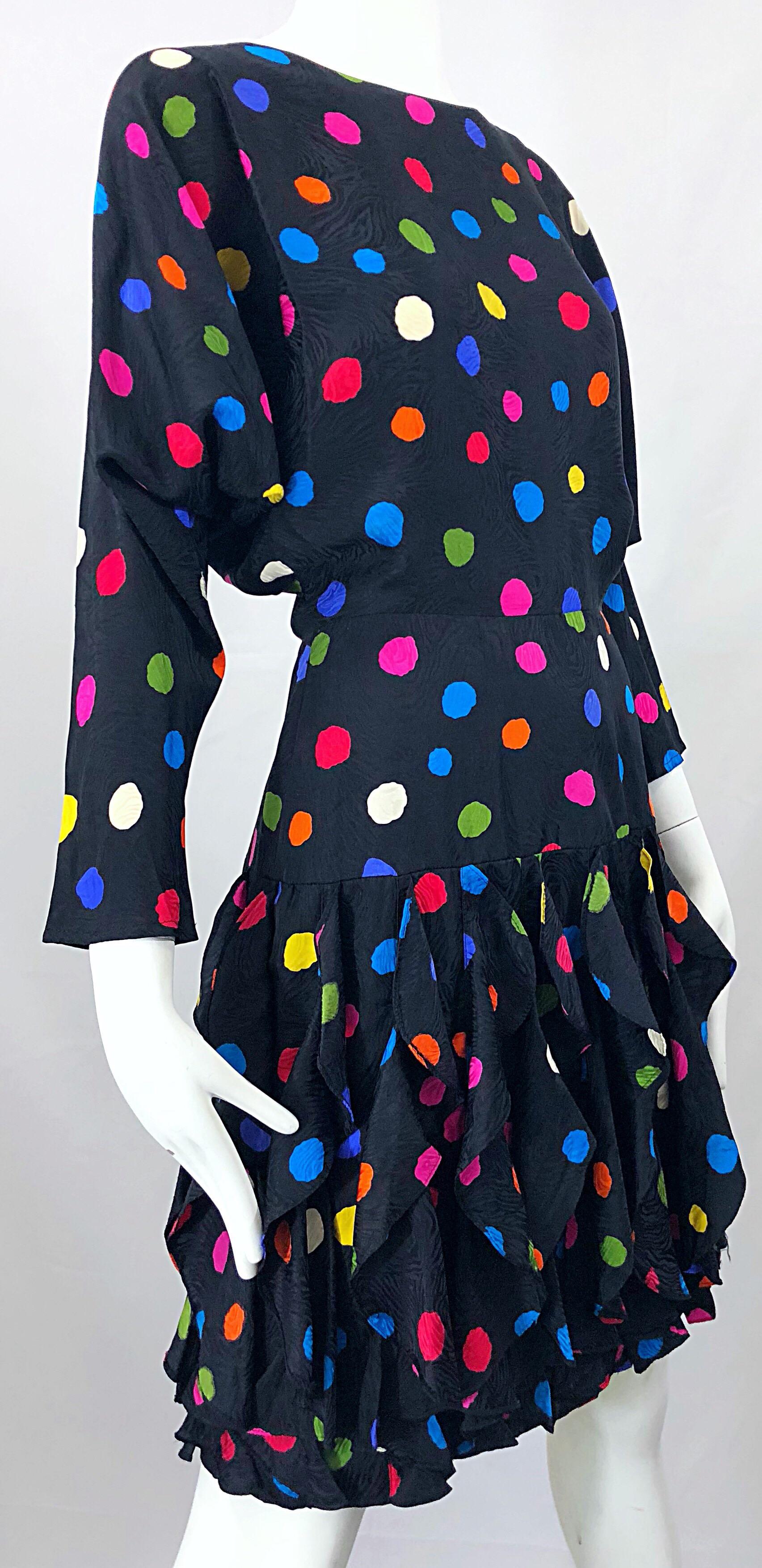 Amazing 1980s Avant Garde Black Colorful Silk Polka Dot Flutter Skirt 80s Dress 2