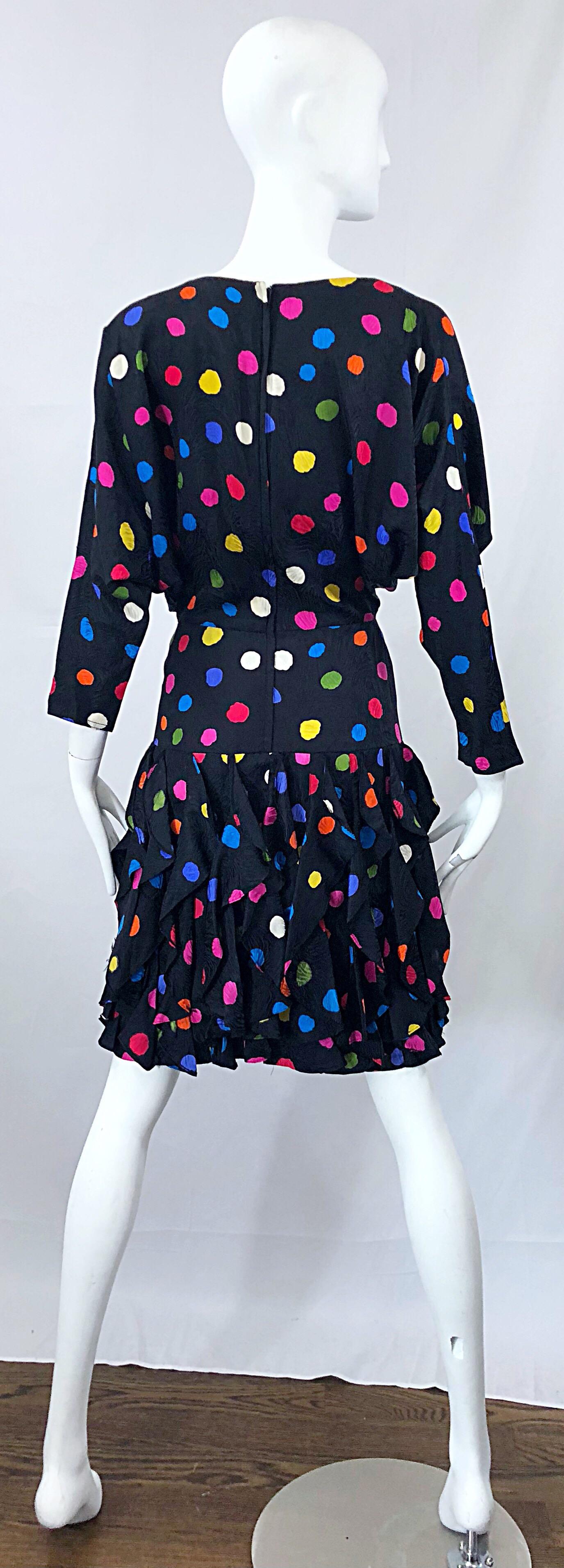 Amazing 1980s Avant Garde Black Colorful Silk Polka Dot Flutter Skirt 80s Dress 1