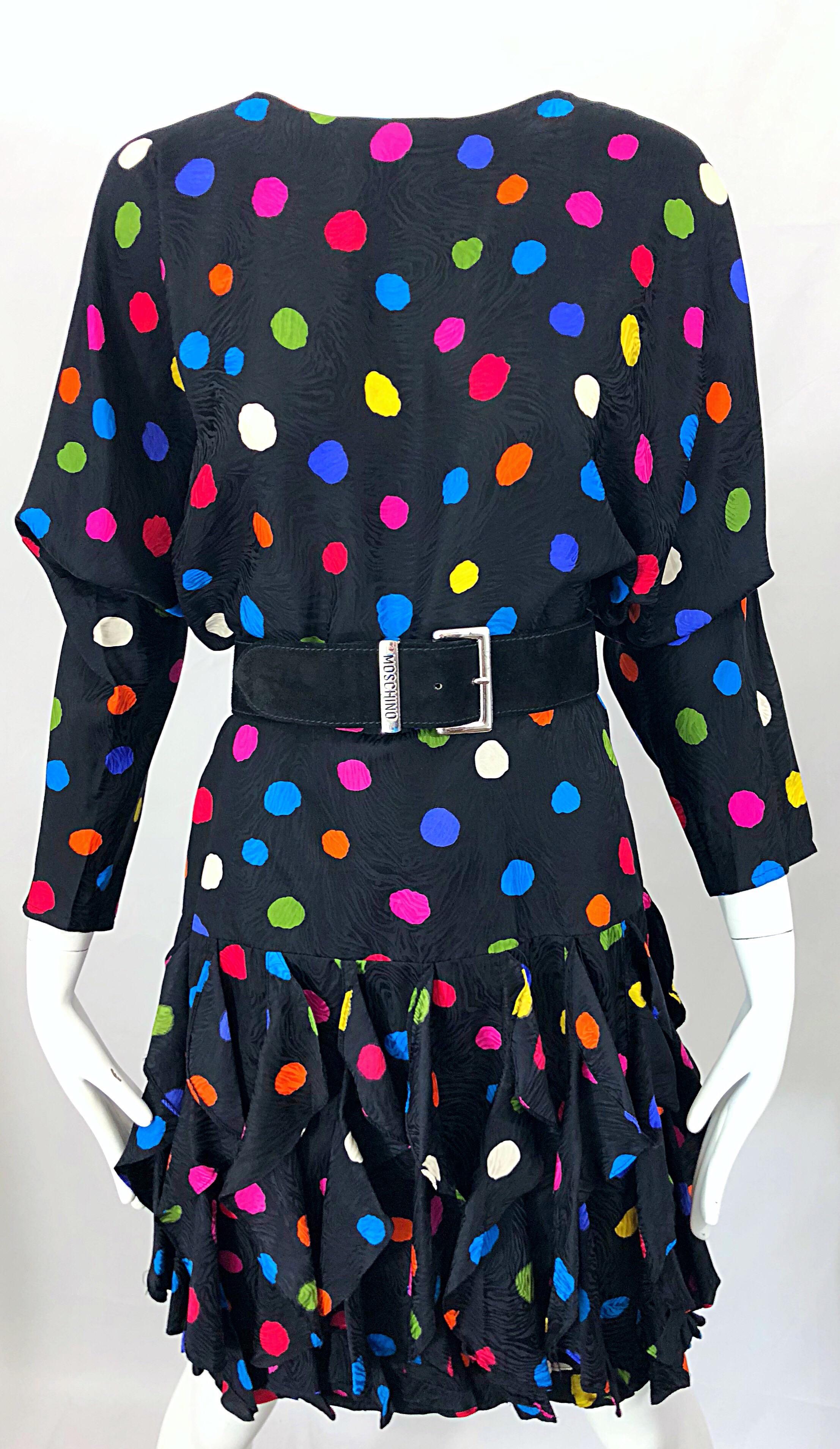 Amazing 1980s Avant Garde Black Colorful Silk Polka Dot Flutter Skirt 80s Dress 3