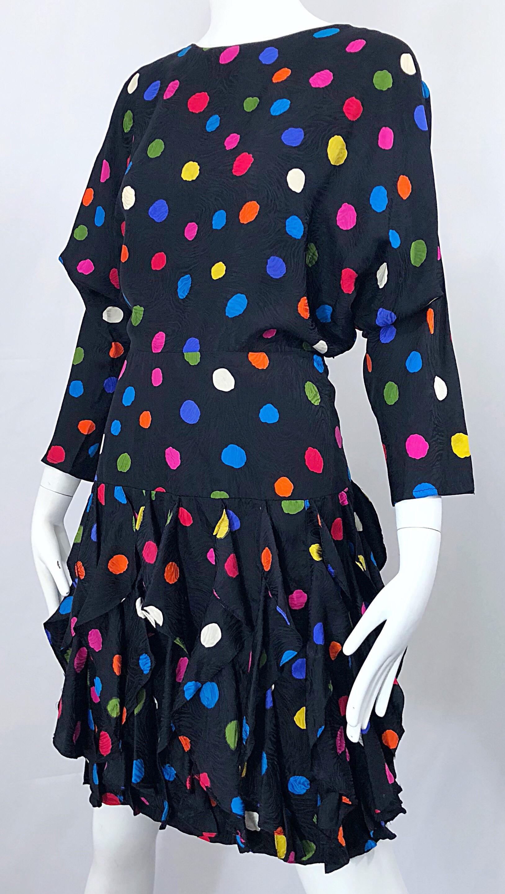Amazing 1980s Avant Garde Black Colorful Silk Polka Dot Flutter Skirt 80s Dress 4